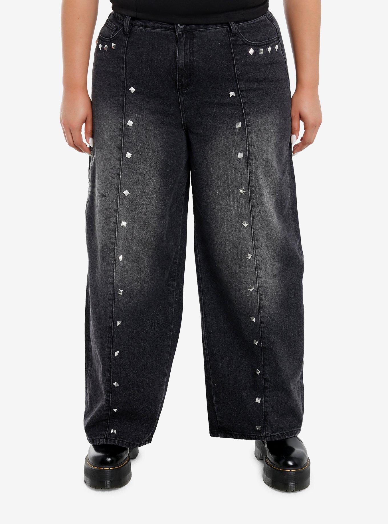 Black Gothic Cross & Stud Wide Leg Jeans Plus Size, , hi-res