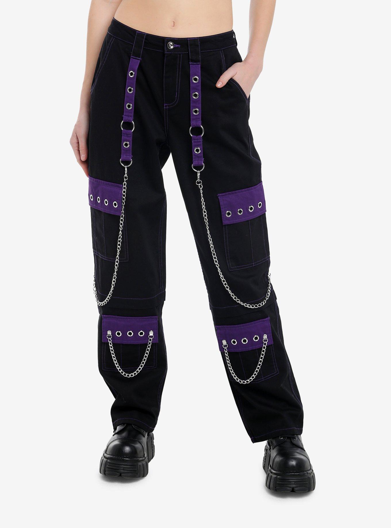 Black & Purple Grommet Strap Carpenter Pants, , hi-res