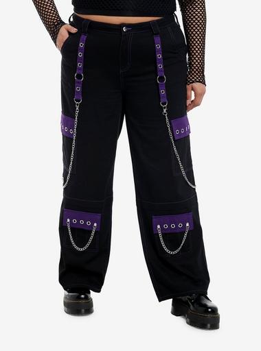 ☆人気☆【ROMANTIC CROWN】☆SIDE STOPPER CARPENTER PANT.S☆ Black & Purple Grommet Strap Carpenter Pants Plus Size | Hot