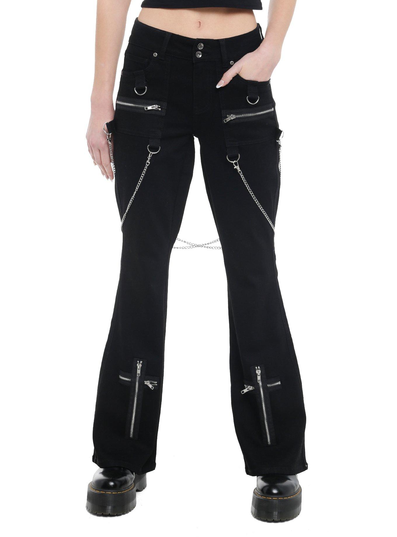 Black Suspender Chain Zipper Flare Pants, , hi-res