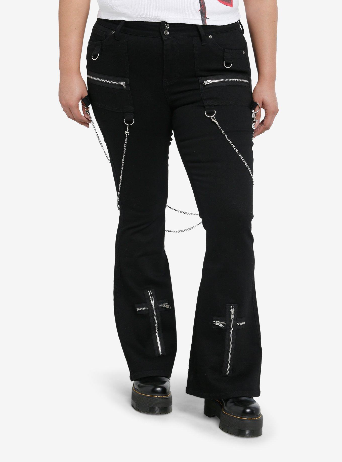 Black Suspender Chain Zipper Flare Pants Plus Size, , hi-res