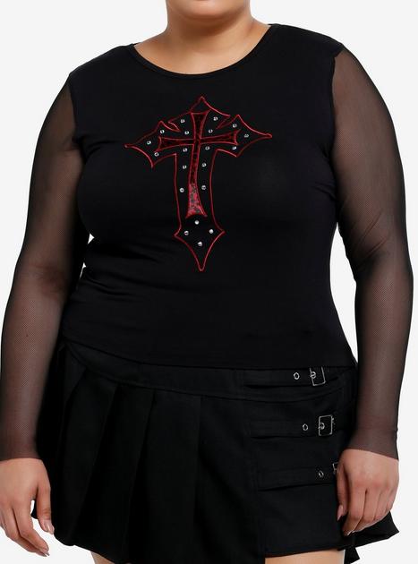 Social Collision Leopard Print Gothic Cross Fishnet Sleeve Girls Top ...