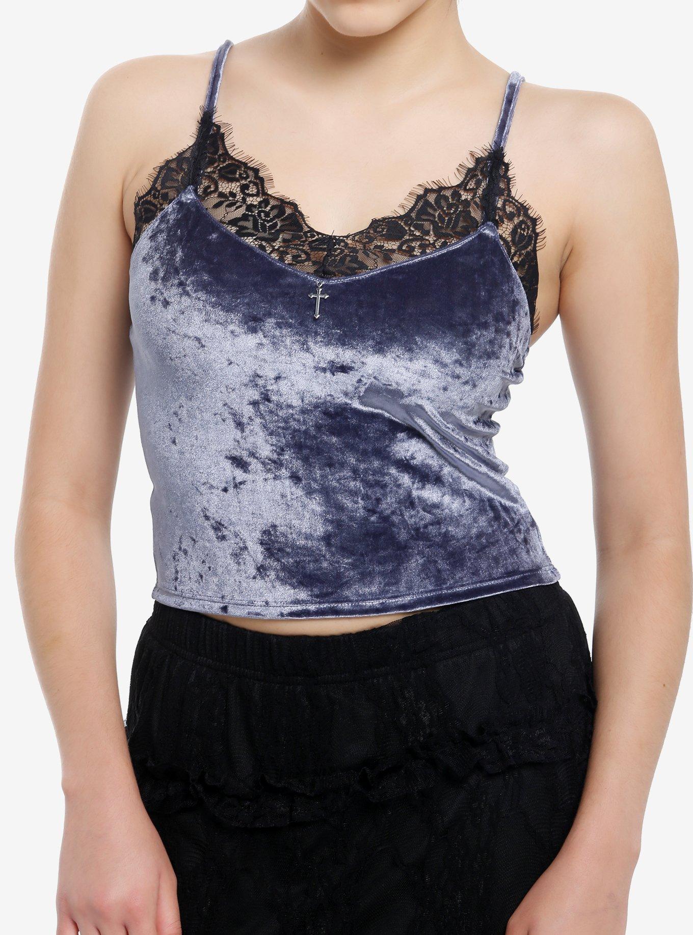 Cosmic Aura Blue Velvet Lace Trim Cami, , hi-res