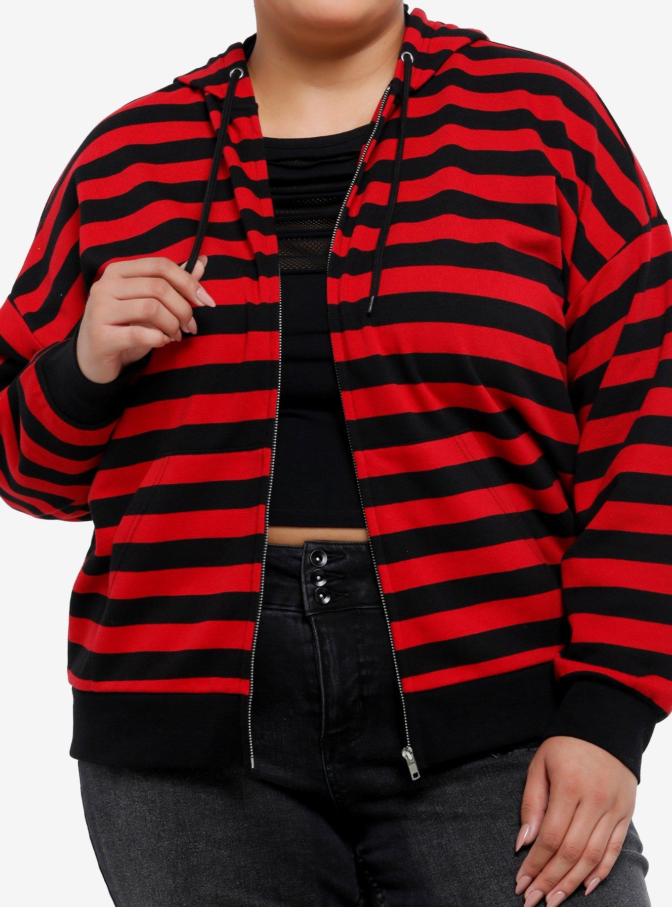 Social Collision Red & Black Stripe Star Patch Girls Hoodie Plus Size, , hi-res