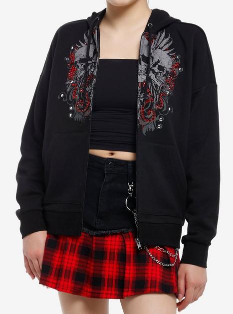 Social Collision Triple Skull Rhinestone & Stud Girls Hoodie | Hot