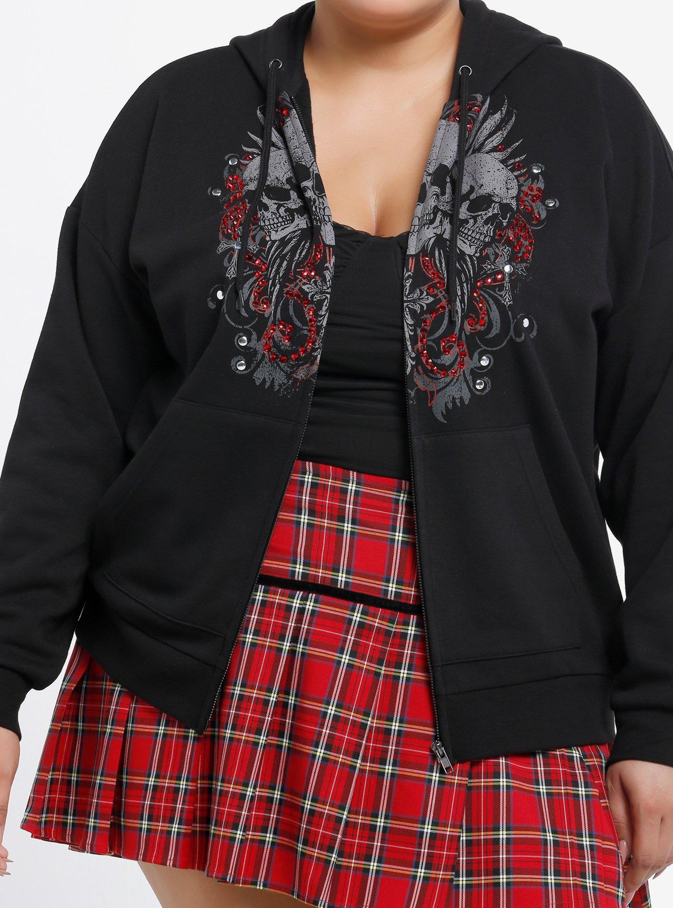Social Collision Triple Skull Rhinestone & Stud Girls Hoodie Plus Size, , hi-res