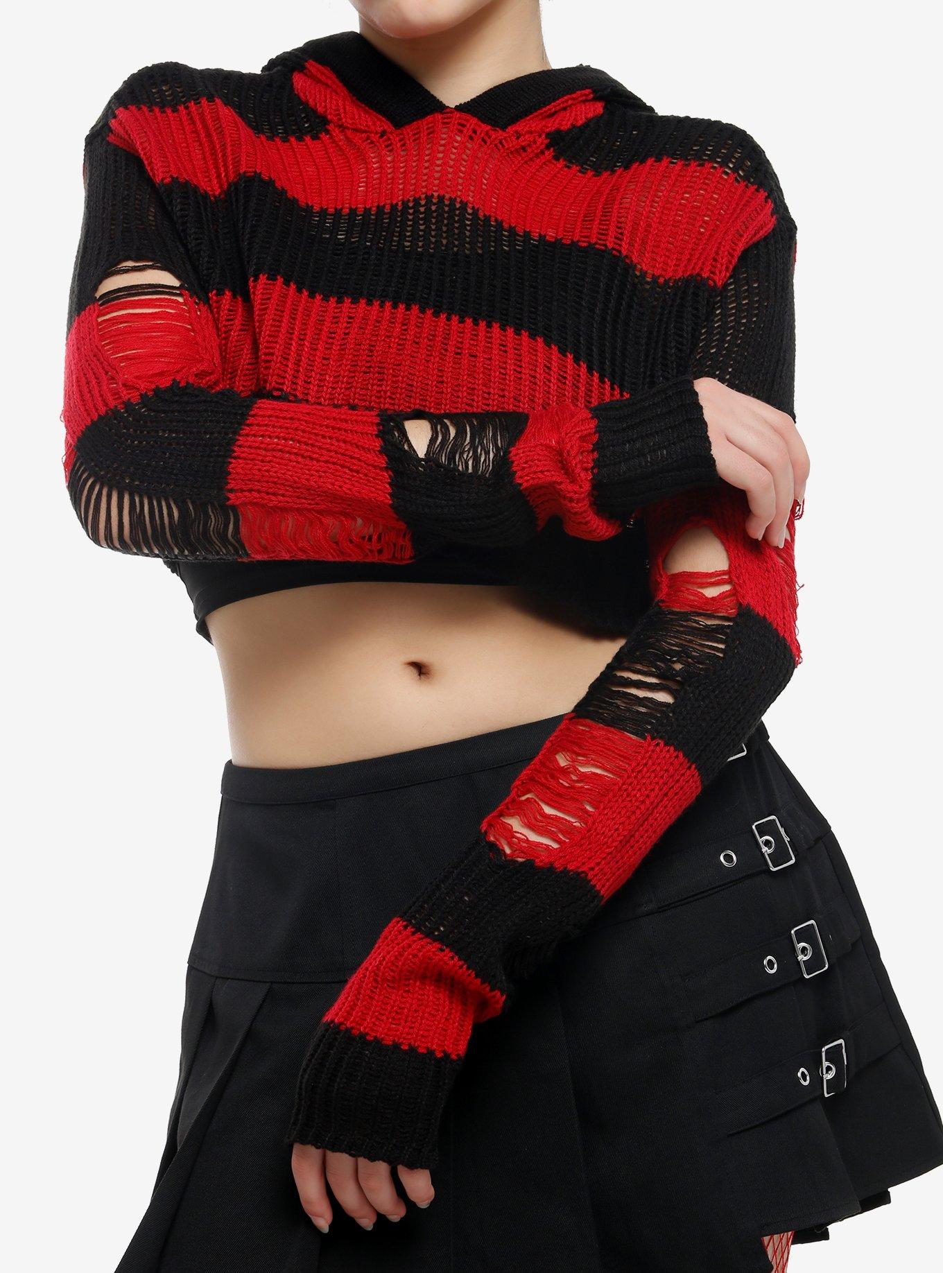 Social Collision Red & Black Stripe Knit Bolero Girls Crop Hoodie, , hi-res
