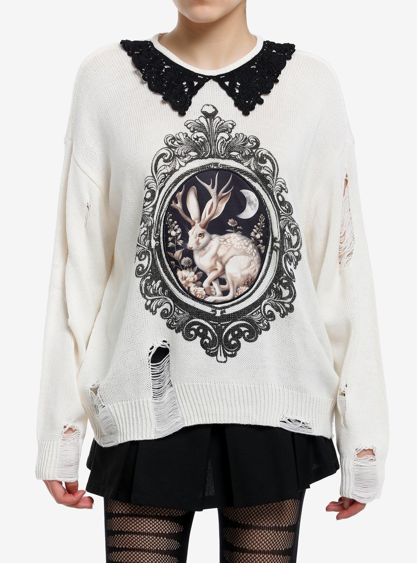 Thorn & Fable Jackalope Distressed Knit Girls Sweater, , hi-res