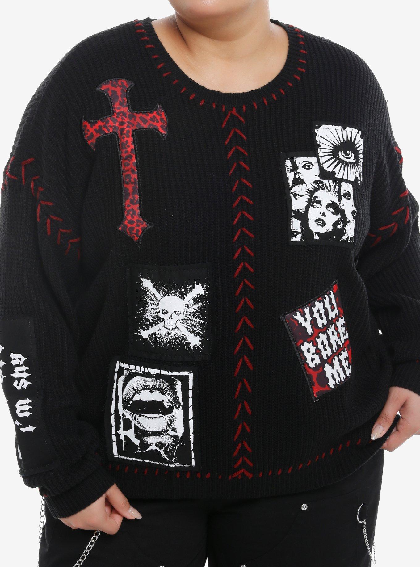 Social Collision Skull & Cross Patches Knit Girls Sweater Plus Size, , hi-res