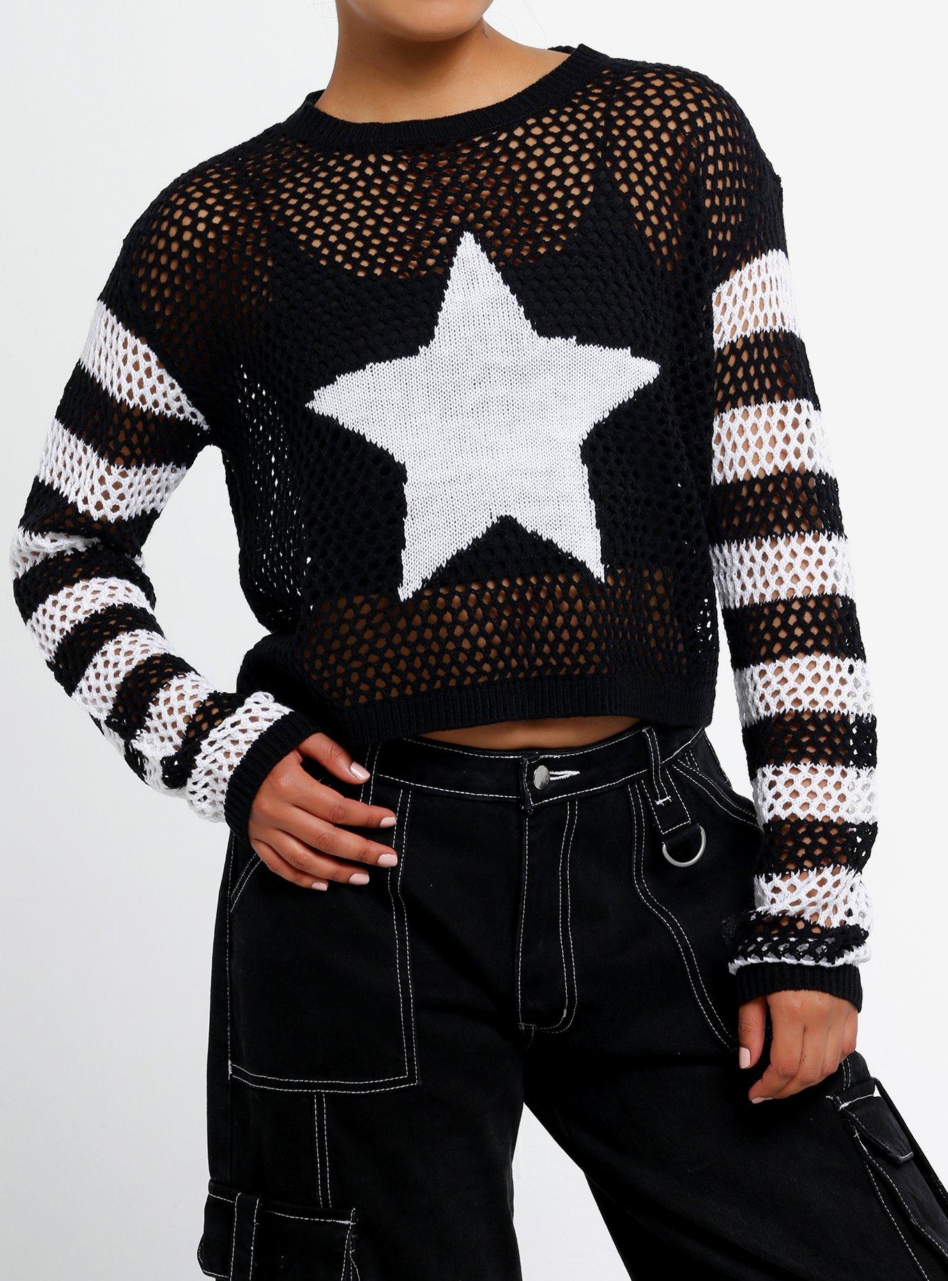 Black & White Star & Stripe Open Knit Girls Crop Sweater, , hi-res