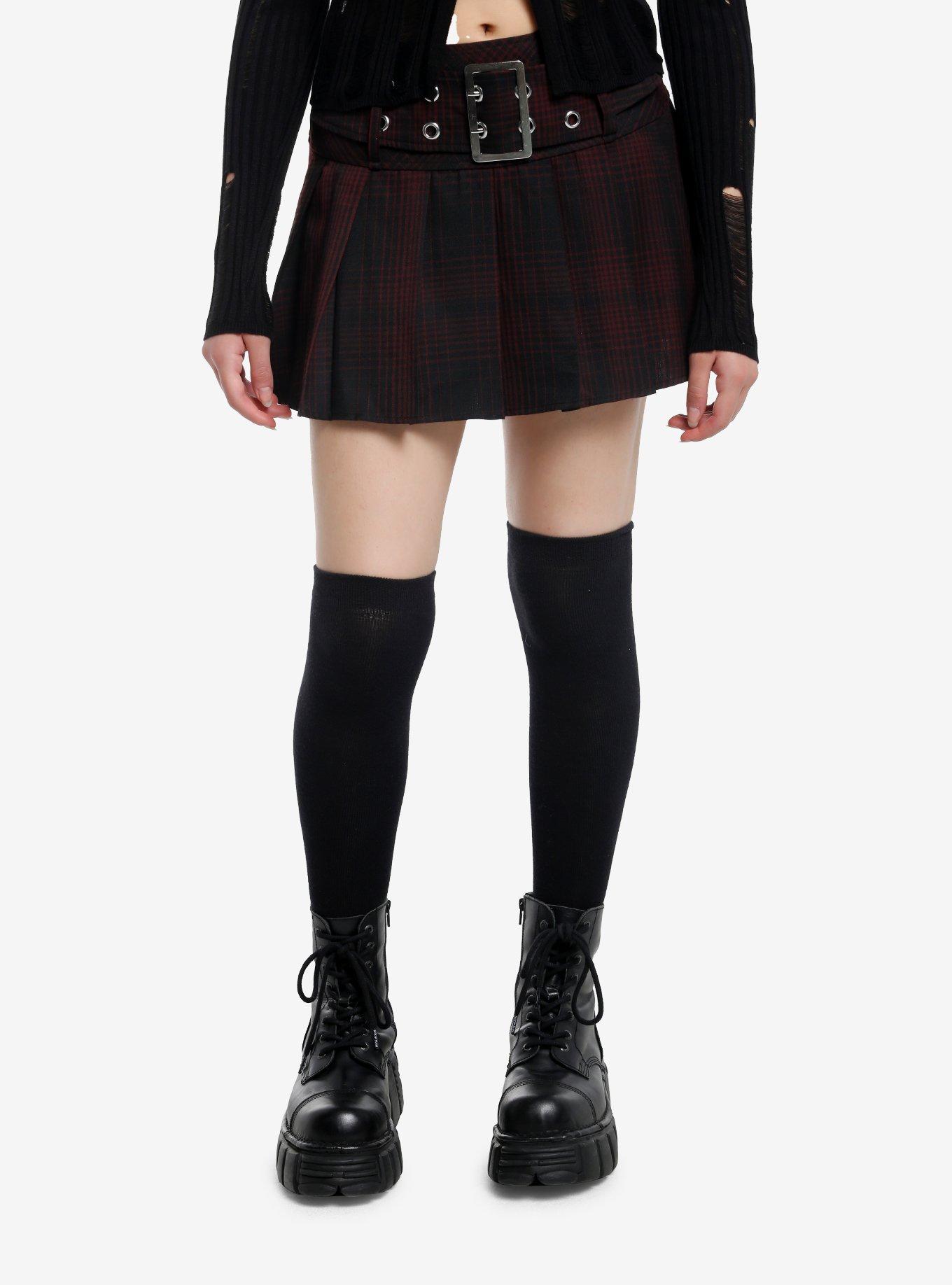 Thorn & Fable Black & Burgundy Wide Belted Mini Skirt, , hi-res