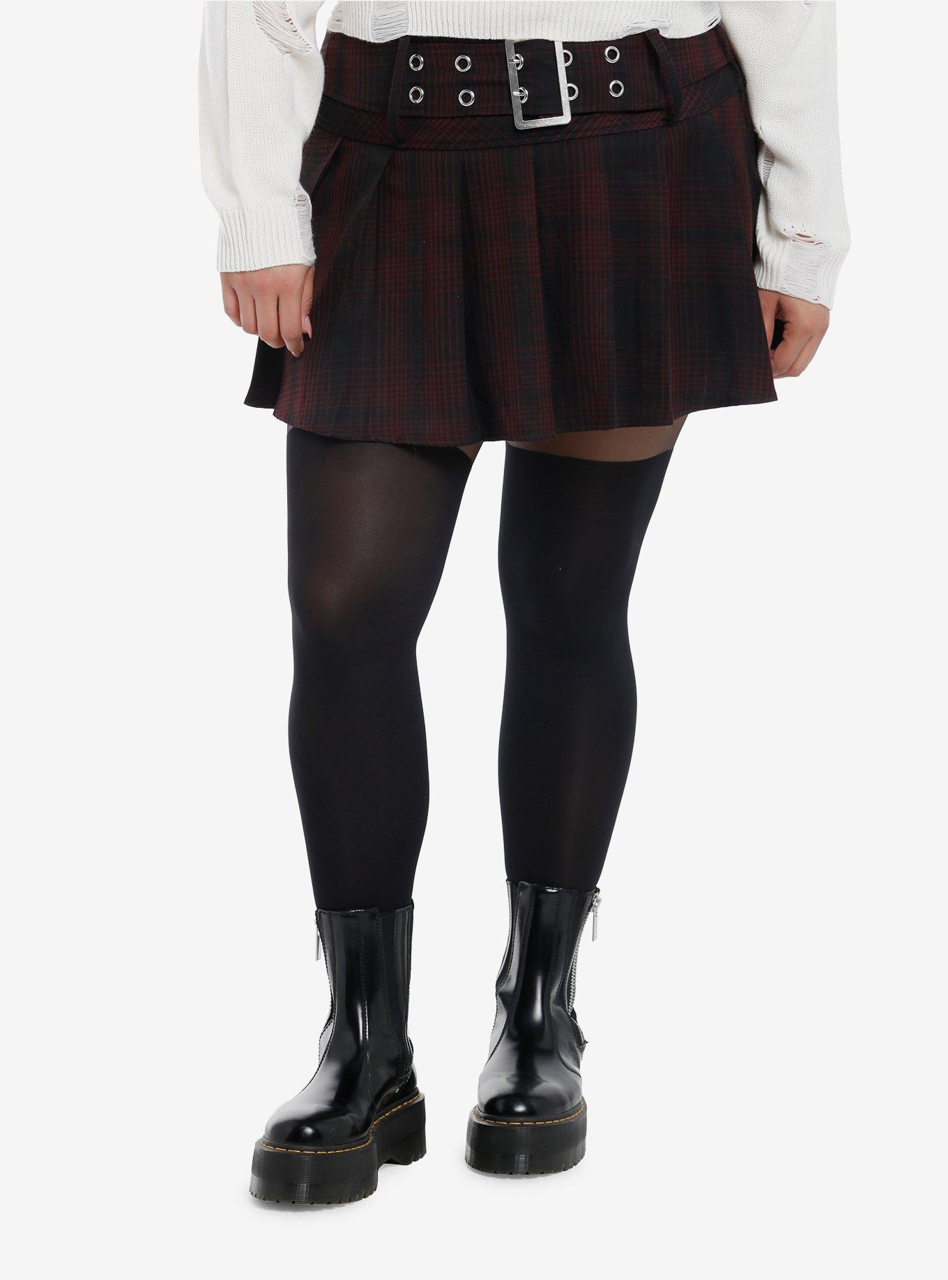 Thorn & Fable Black & Burgundy Wide Belted Mini Skirt Plus Size, , hi-res
