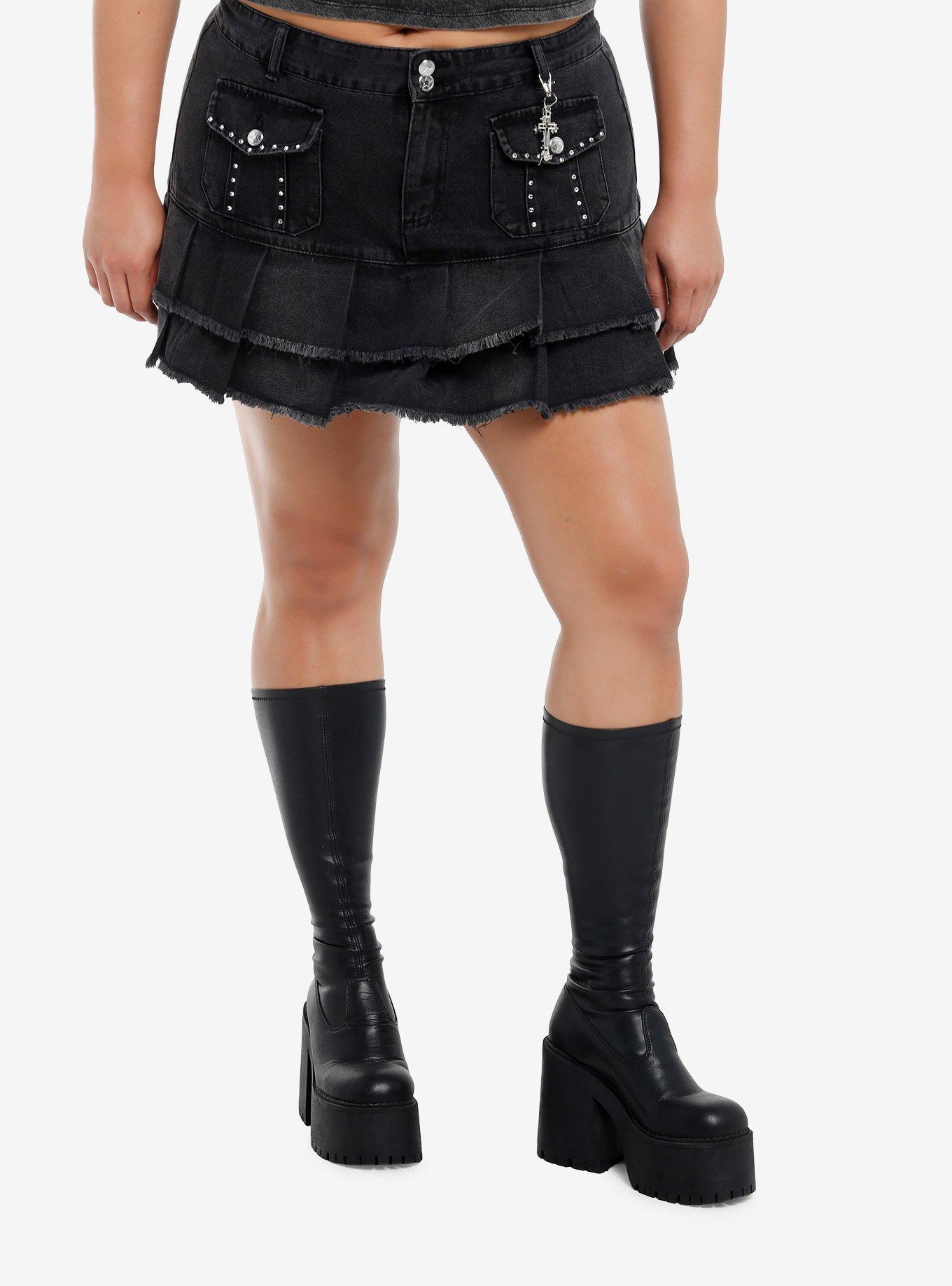 Social Collision Black Stud & Charm Ruffle Denim Mini Skirt Plus Size, , hi-res