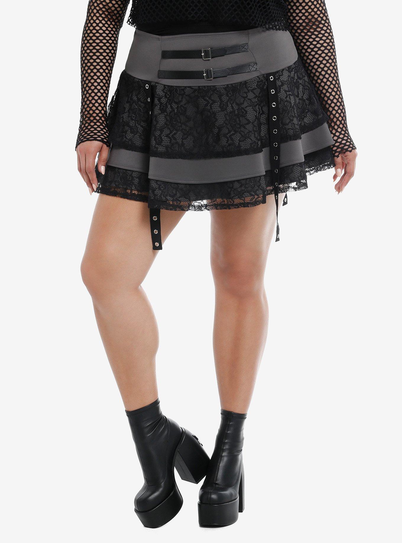 Social Collision Black & Grey Lace Grommet Strap Buckle Skirt Plus Size, , hi-res