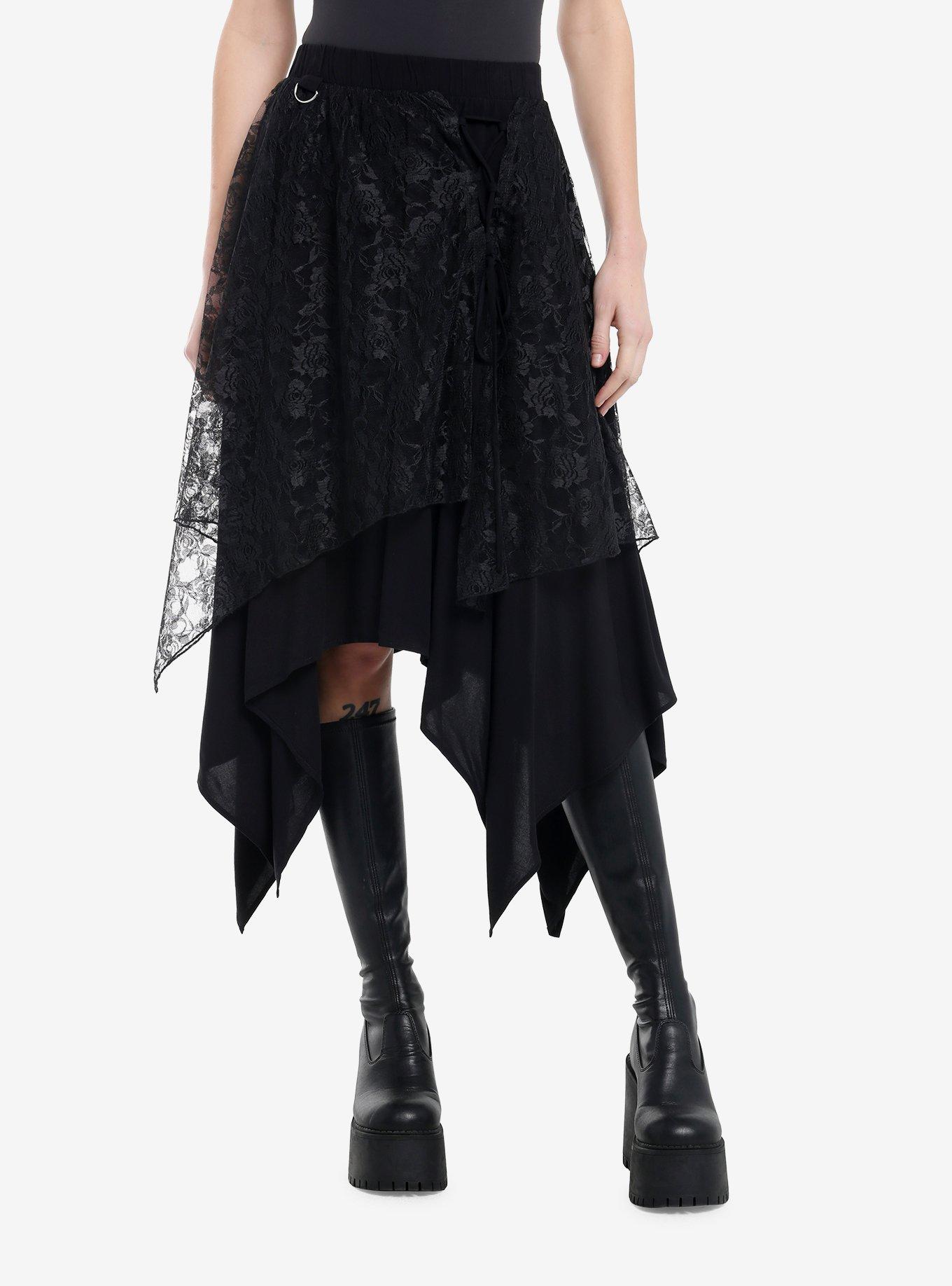 Cosmic Aura Black Rose Lace Hanky Hem Midi Skirt, , hi-res