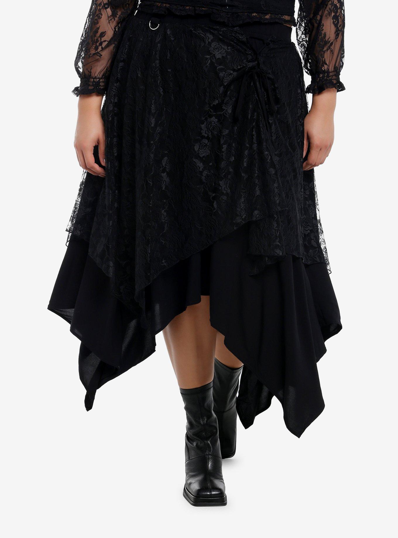 Cosmic Aura Black Rose Lace Hanky Hem Midi Skirt Plus Size, , hi-res