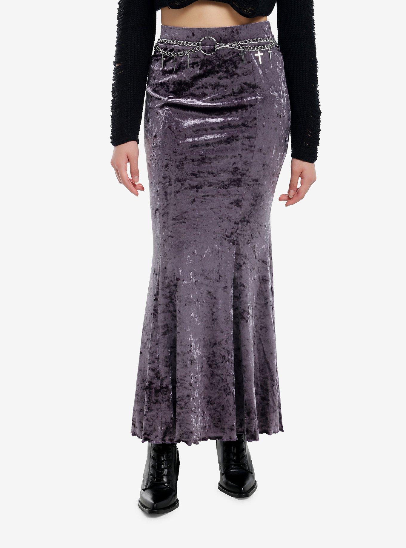 Cosmic Aura Purple Velvet Cross Chain Belt Maxi Skirt, , hi-res