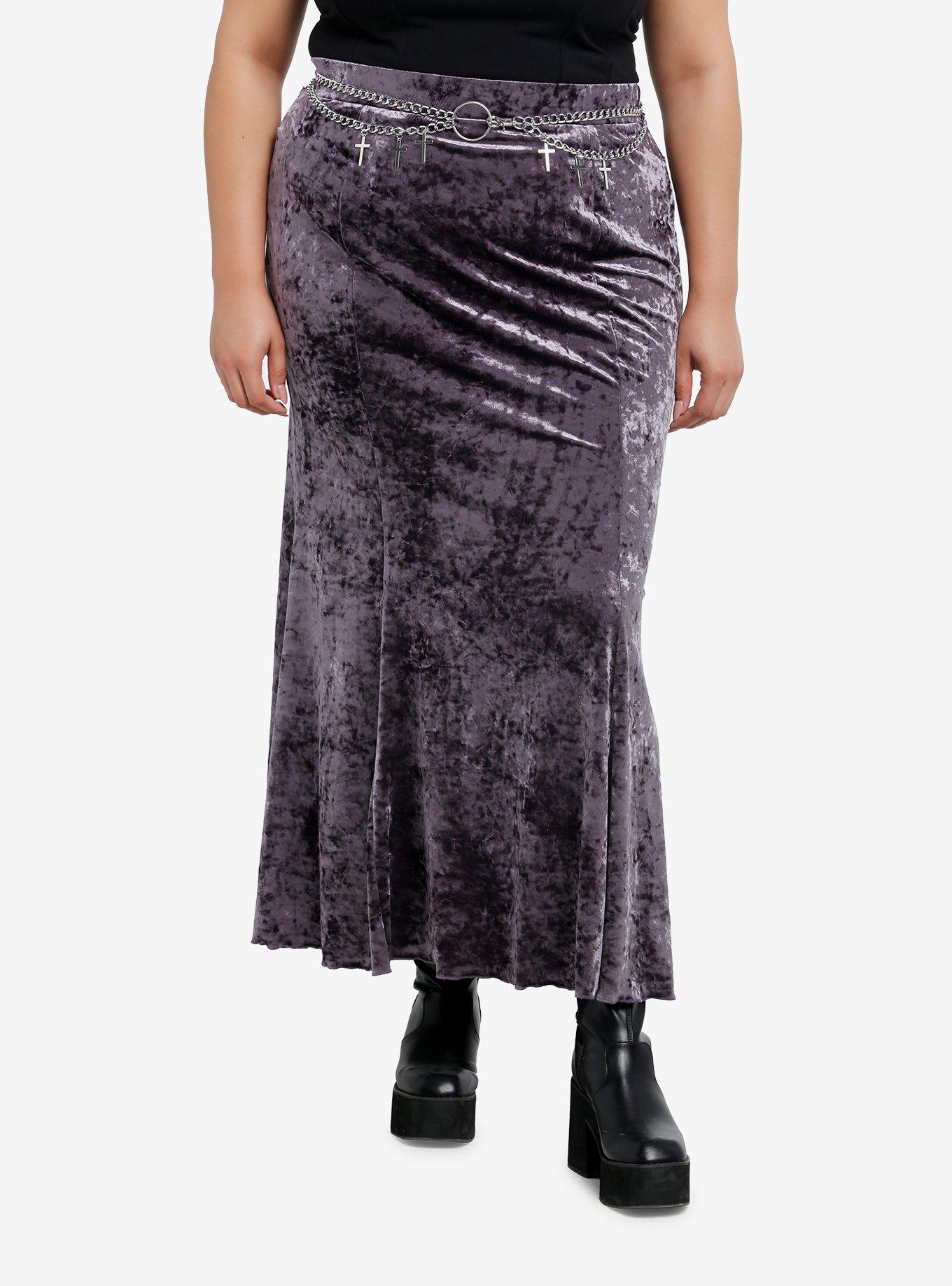 Cosmic Aura Purple Velvet Cross Chain Belt Maxi Skirt Plus Size, , hi-res