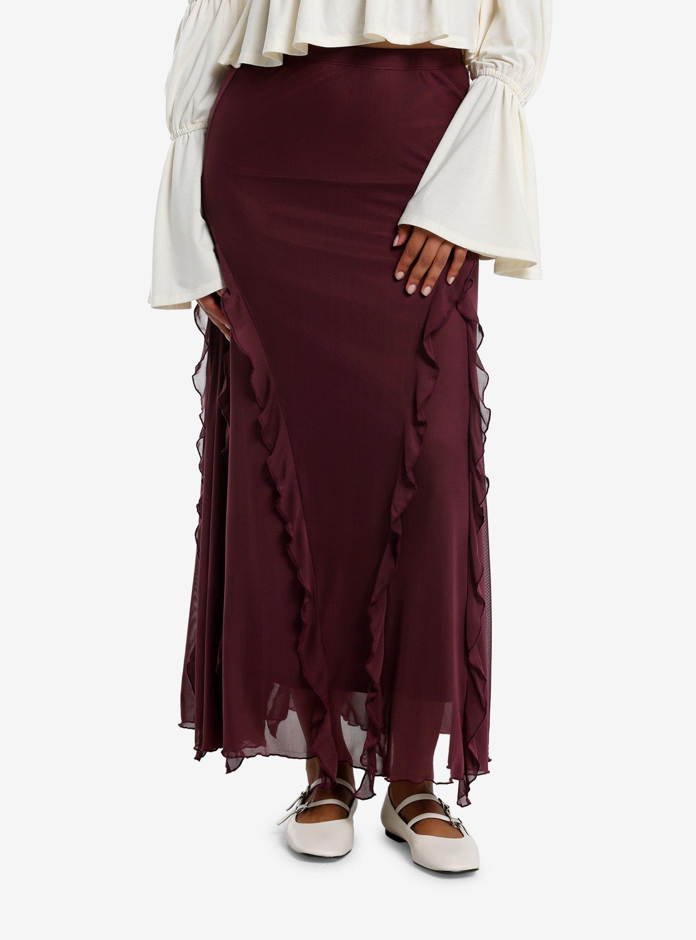 Cosmic Aura Merlot Asymmetrical Ruffle Midaxi Skirt, , hi-res