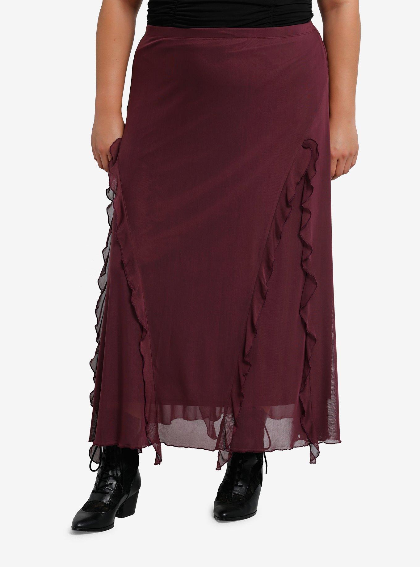 Cosmic Aura Merlot Asymmetrical Ruffle Midaxi Skirt Plus Size, , hi-res