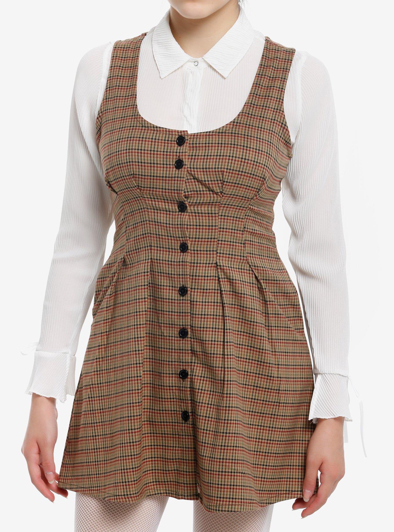 Sweet Society Brown Plaid Apron Mini Dress, , hi-res