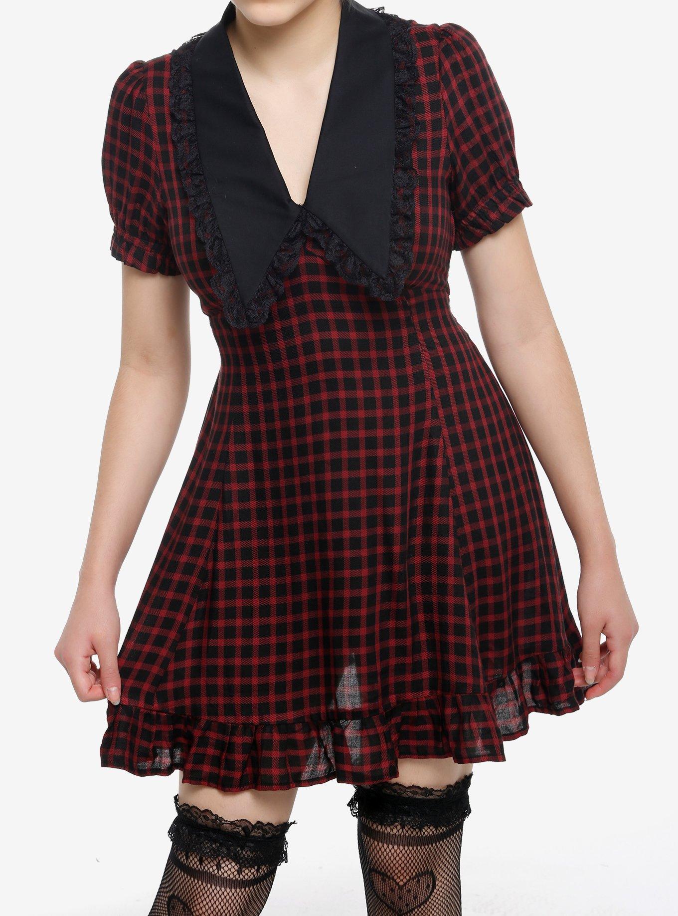 Sweet Society Red & Black Checkered Bib Collar Mini Dress, , hi-res