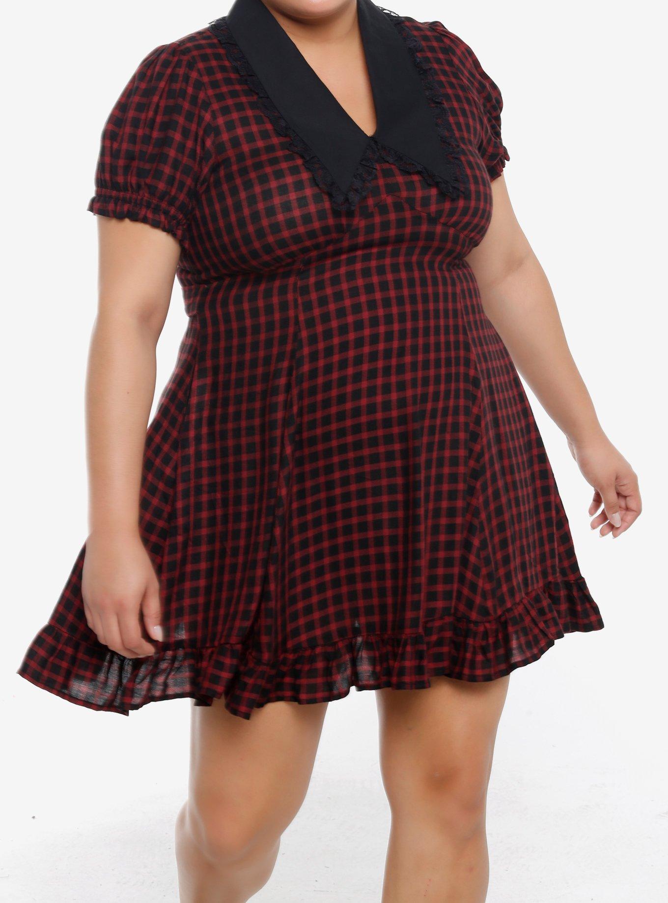 Sweet Society Red & Black Checkered Bib Collar Mini Dress Plus Size, , hi-res