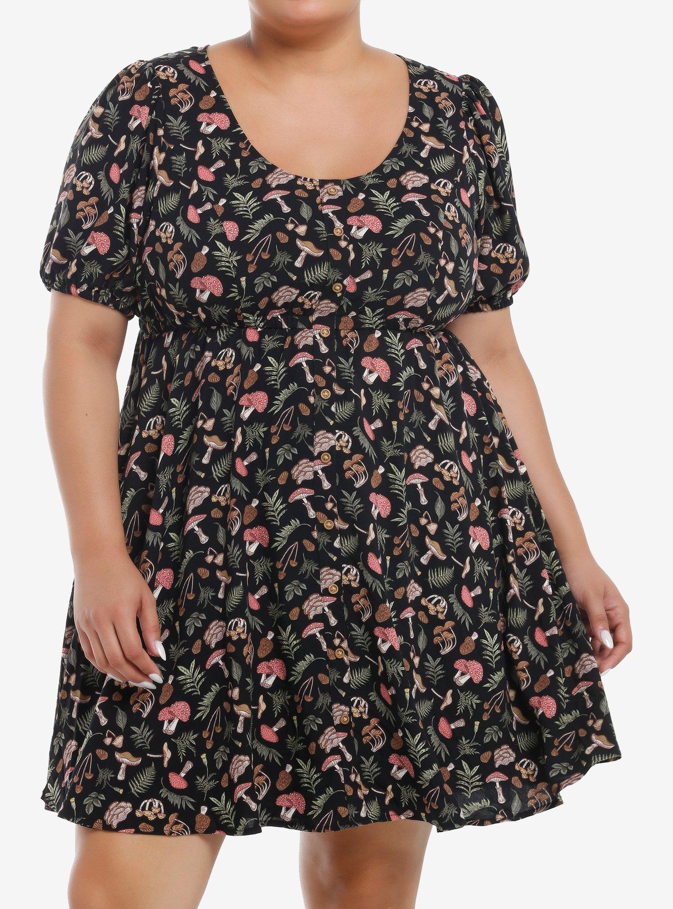 Thorn & Fable Mushroom Foliage Babydoll Dress Plus Size, MULTI, hi-res