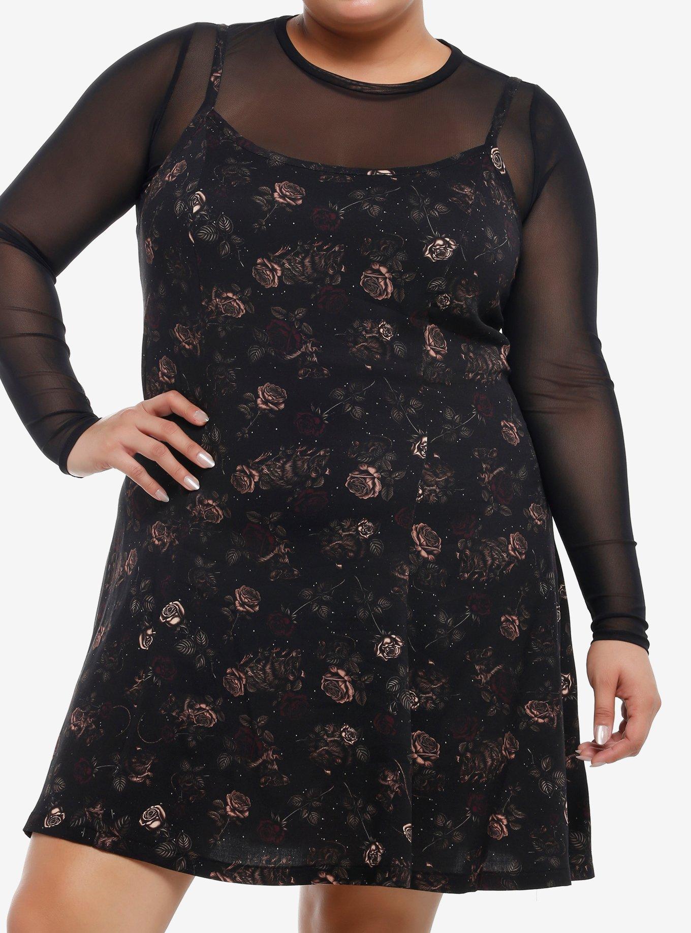 Thorn & Fable Rodents & Roses Mesh Twofer Cami Dress Plus Size, , hi-res