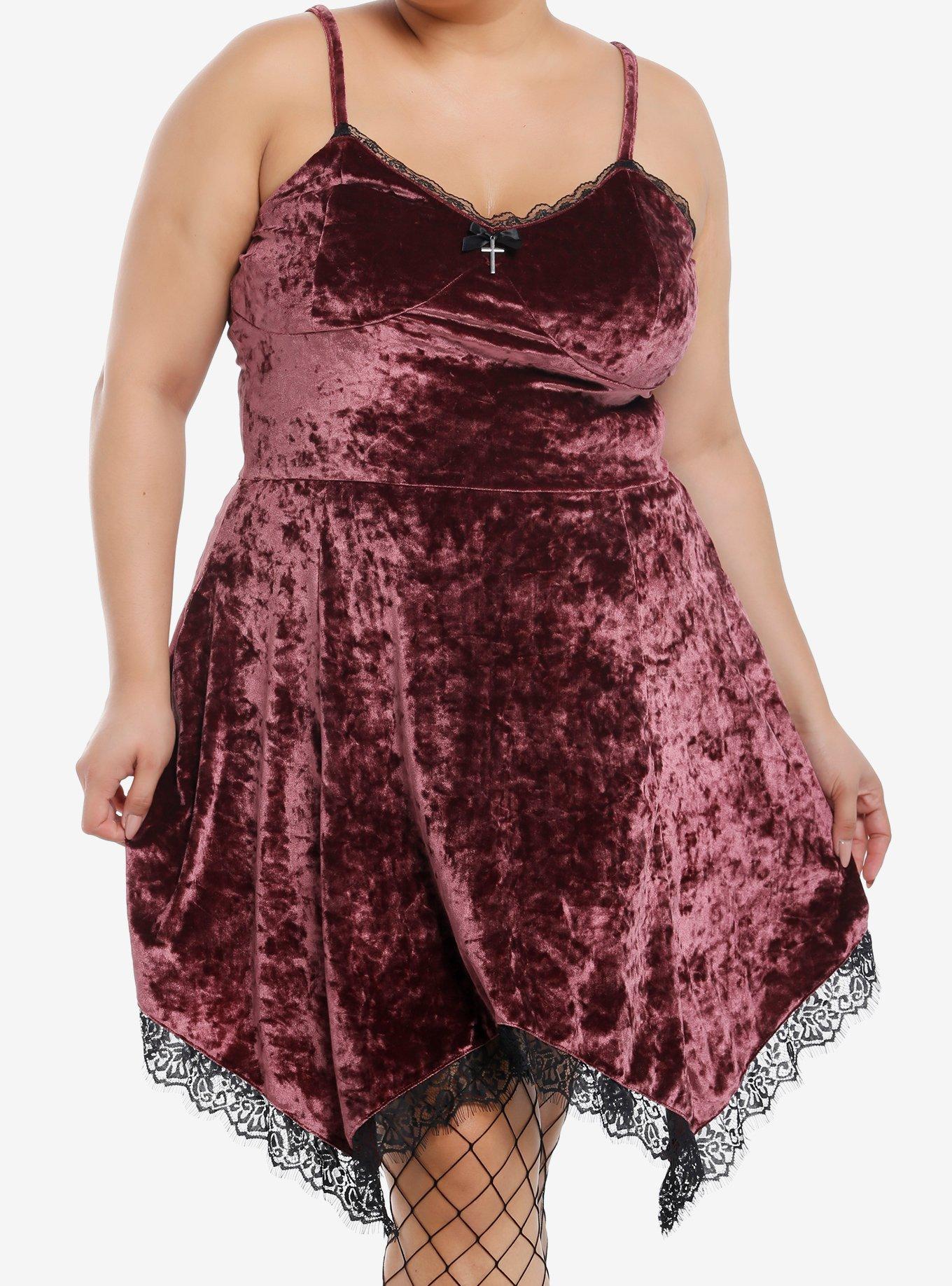 Thorn & Fable Burgundy Velvet & Black Lace Hanky Hem Slip Dress Plus Size, , hi-res