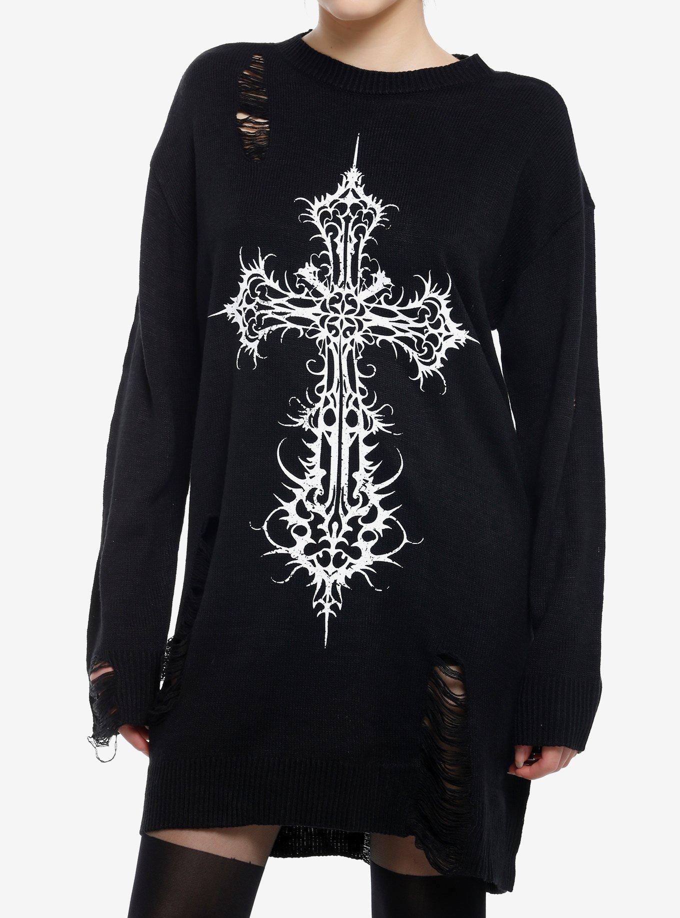 Cosmic Aura Gothic Cross Distressed Sweater Dress, , hi-res