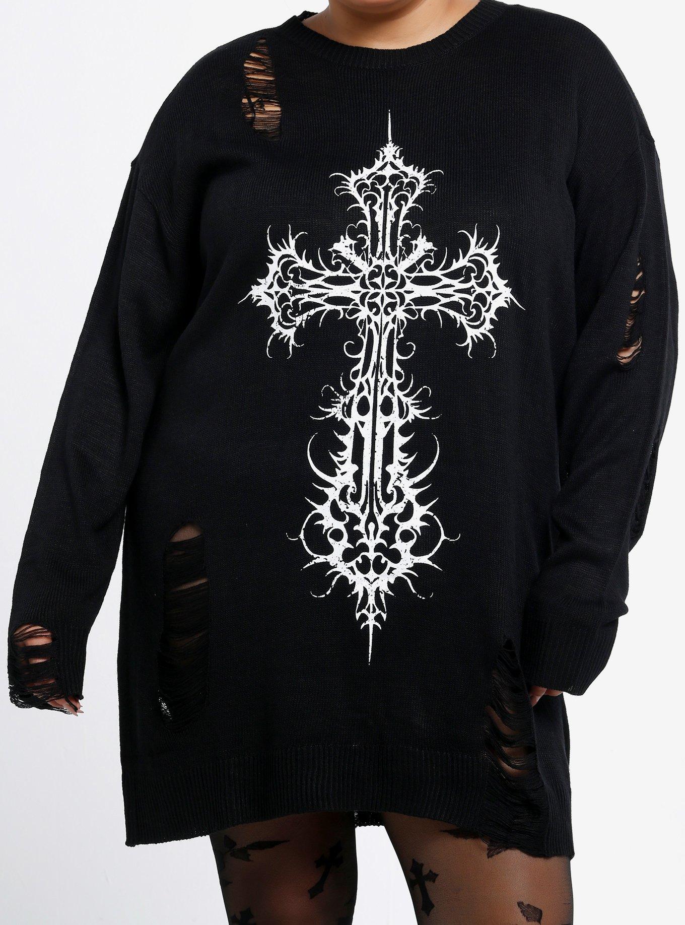 Cosmic Aura Gothic Cross Distressed Sweater Dress Plus Size, , hi-res