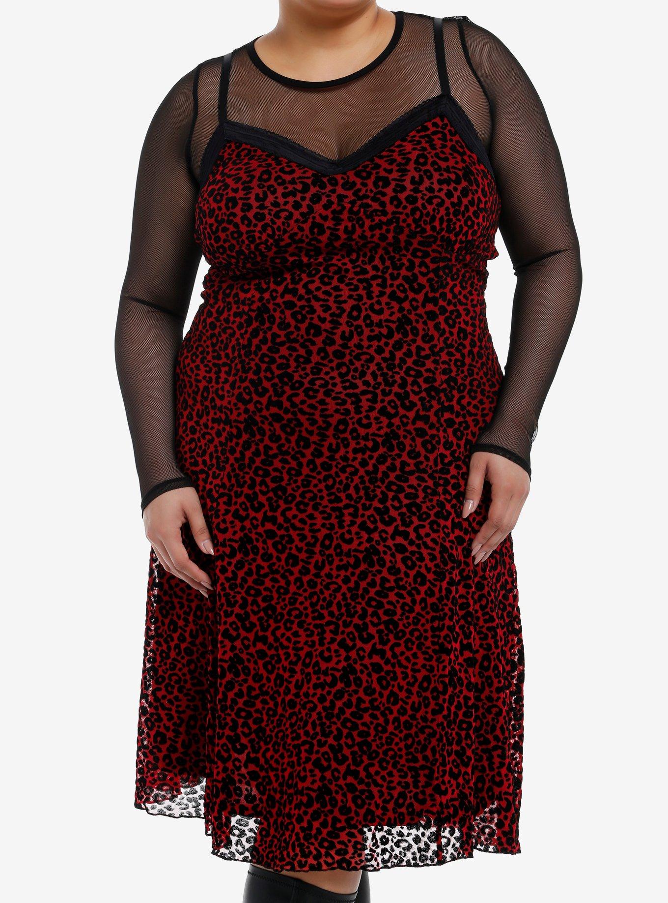 Social Collision Red & Black Leopard Print Fishnet Twofer Dress Plus Size, , hi-res