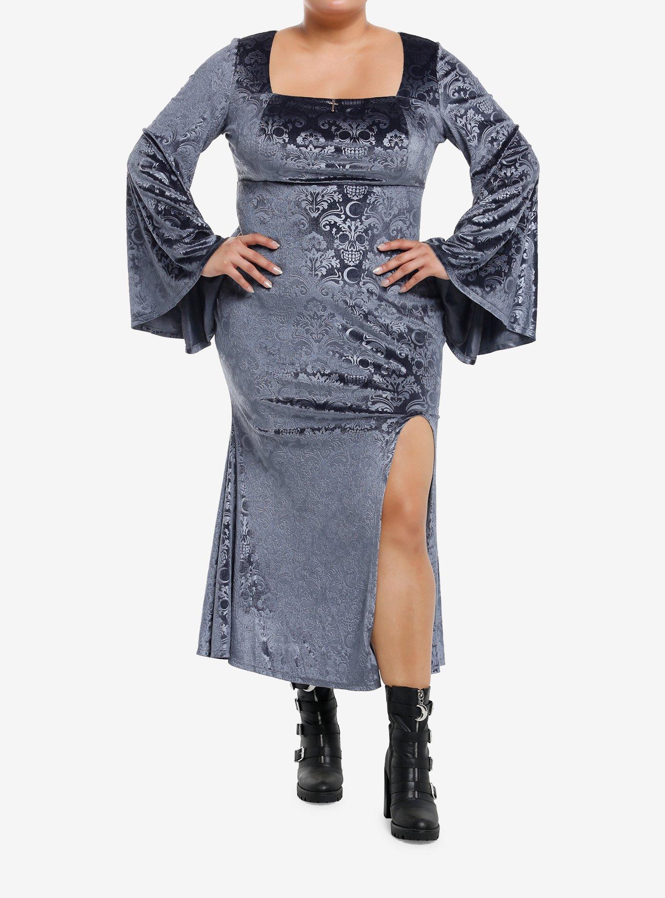 Cosmic Aura Skull Filigree Debossed Velvet Maxi Dress Plus Size, , hi-res