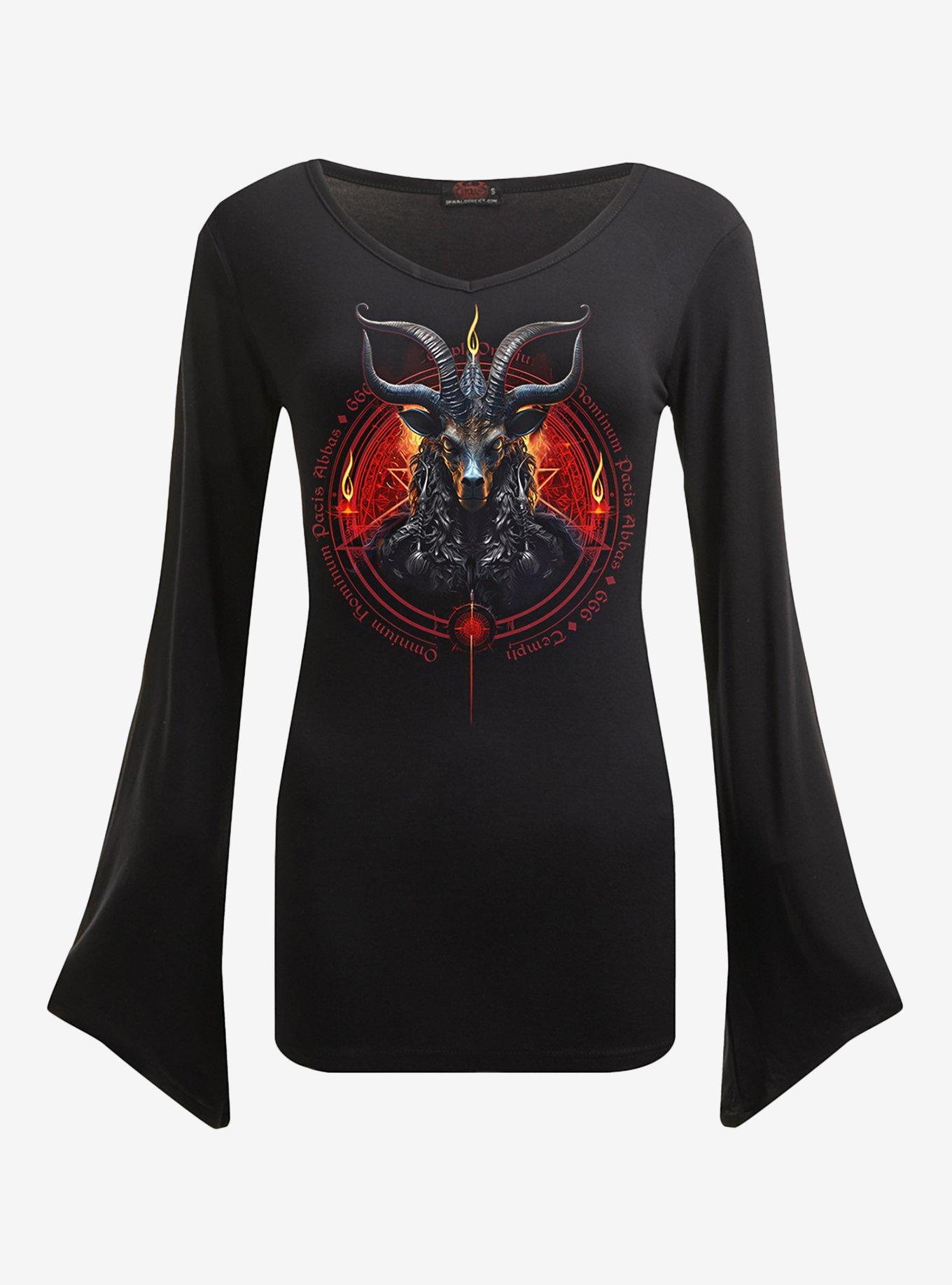 Baphomet V Neck Goth Sleeve Top, BLACK, hi-res