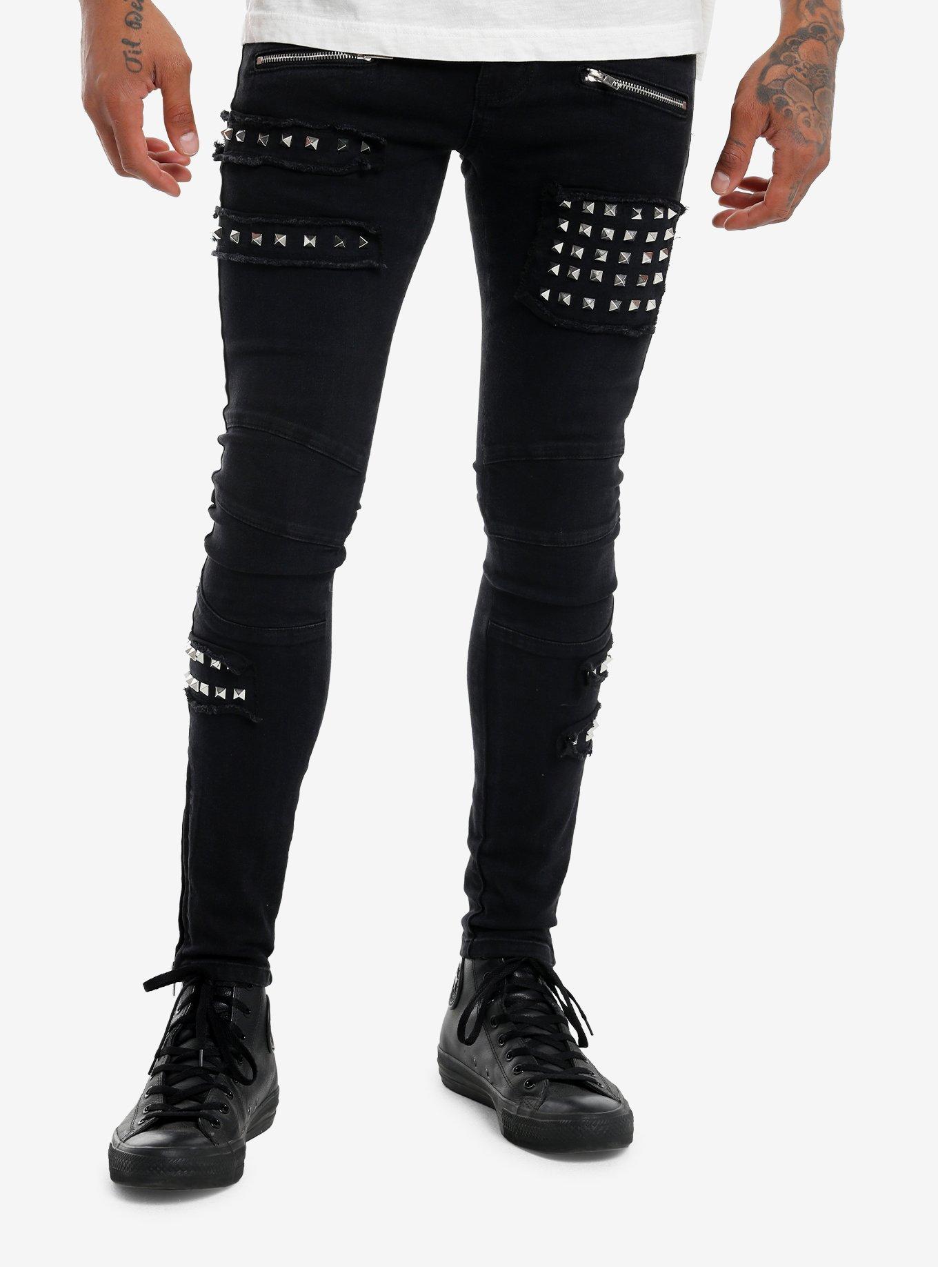 Black Pyramid Stud Patch Stinger Jeans, , hi-res