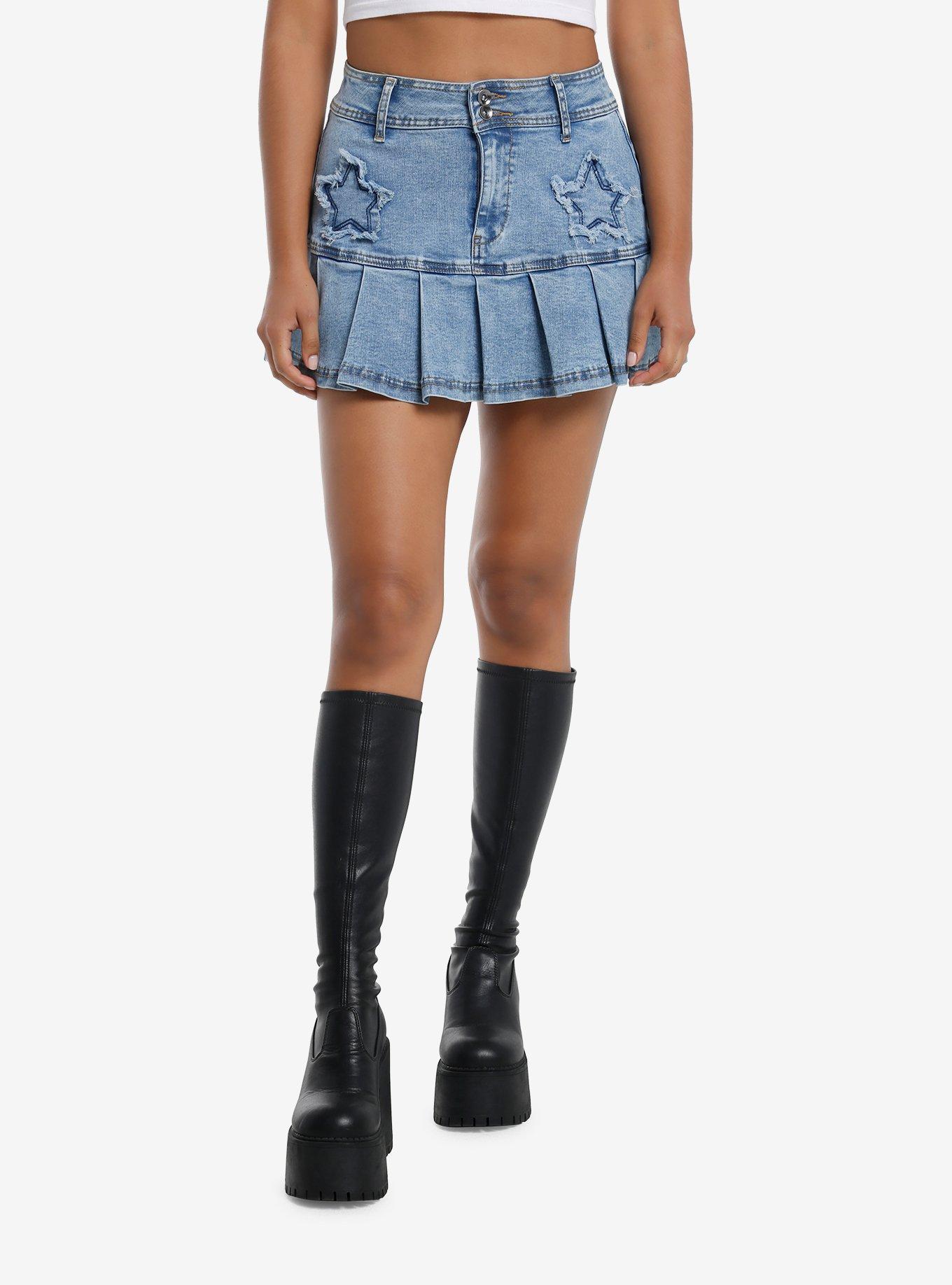 Sweet Society Star Patch Pleated Denim Skirt, , hi-res