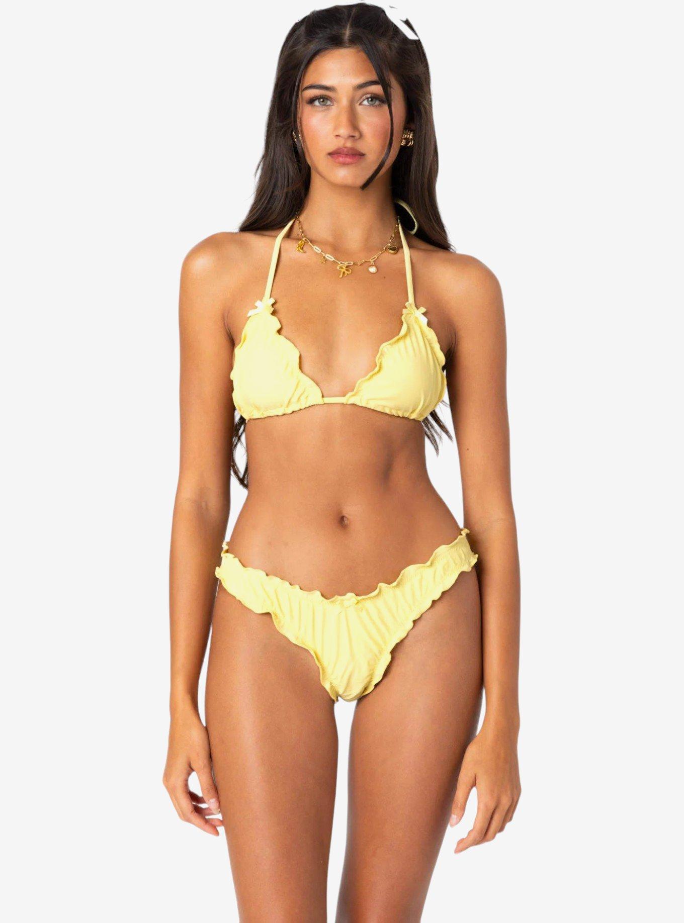 Edikted Golden Ruffle Edge Triangle Bikini Top, BRIGHT YELLOW, hi-res
