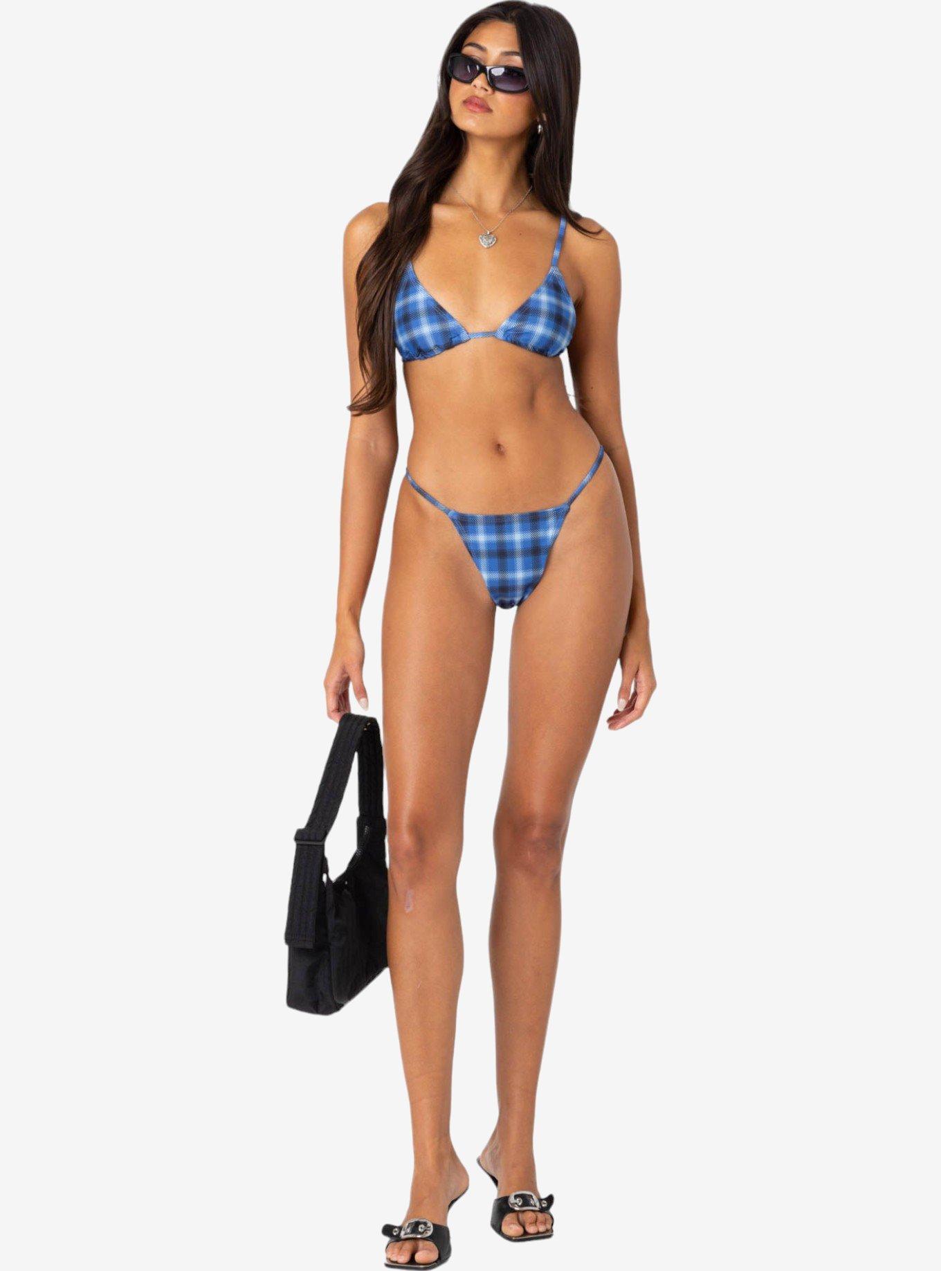 Edikted Preppy Plaid String Bikini Bottom, BLUE, hi-res