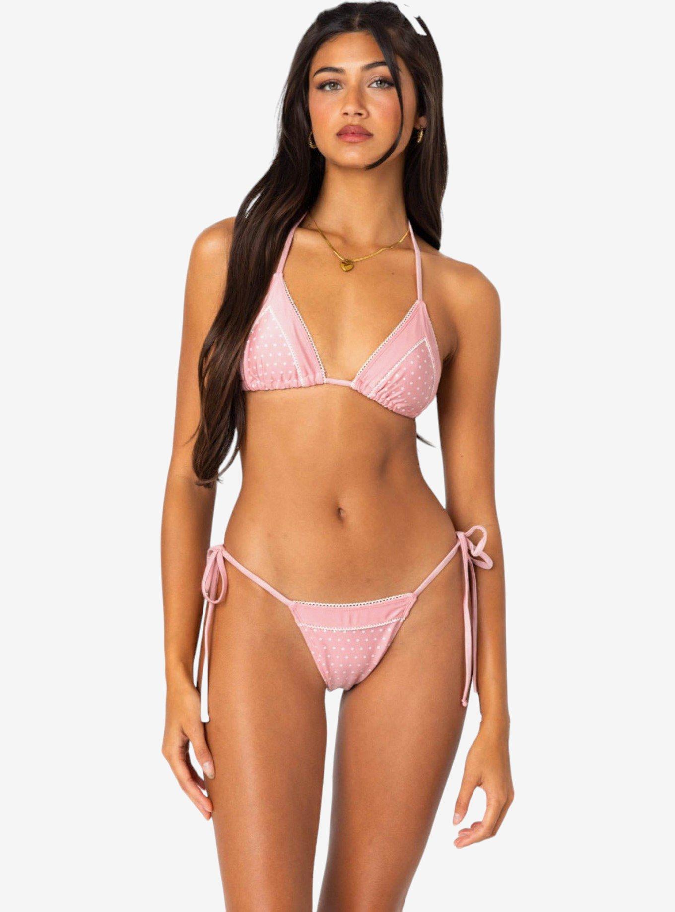 Edikted Contrast Polka Dot Triangle Bikini Top, PINK, hi-res