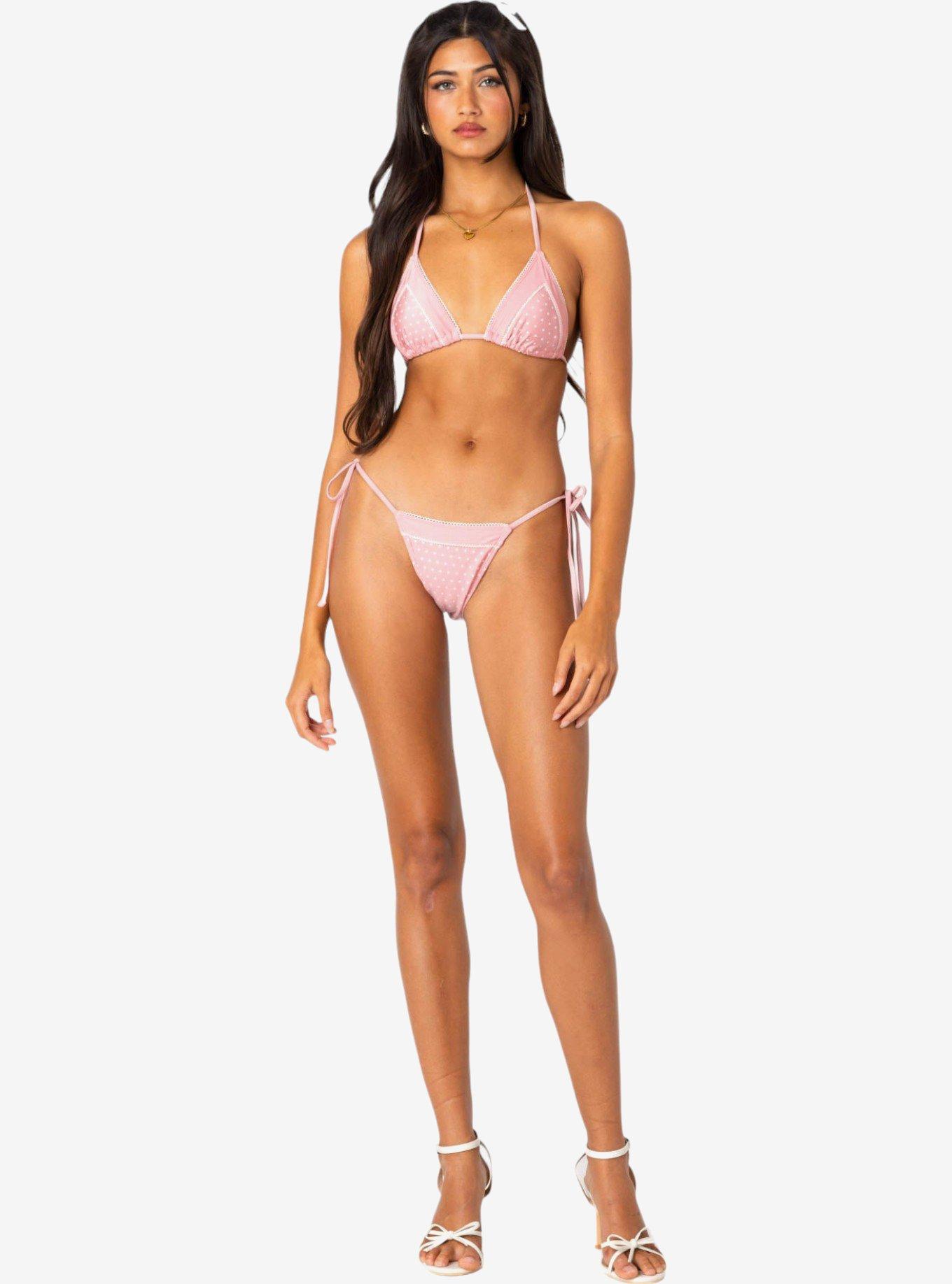 Edikted Contrast Polka Dot String Bikini Bottom, PINK, hi-res