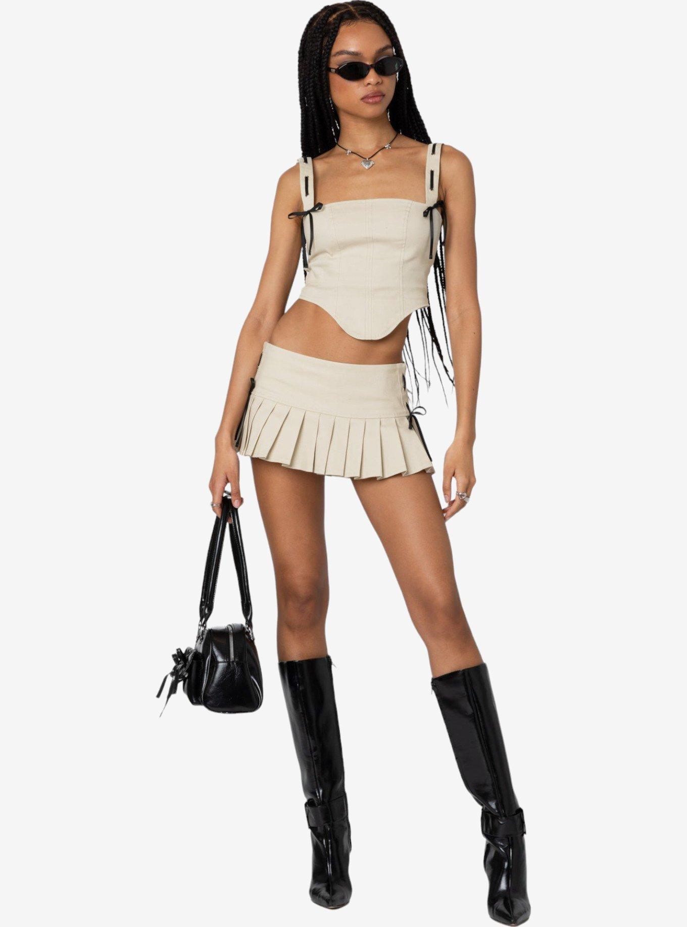 Edikted Margaret Pleated Ribbon Mini Skort, BEIGE, hi-res