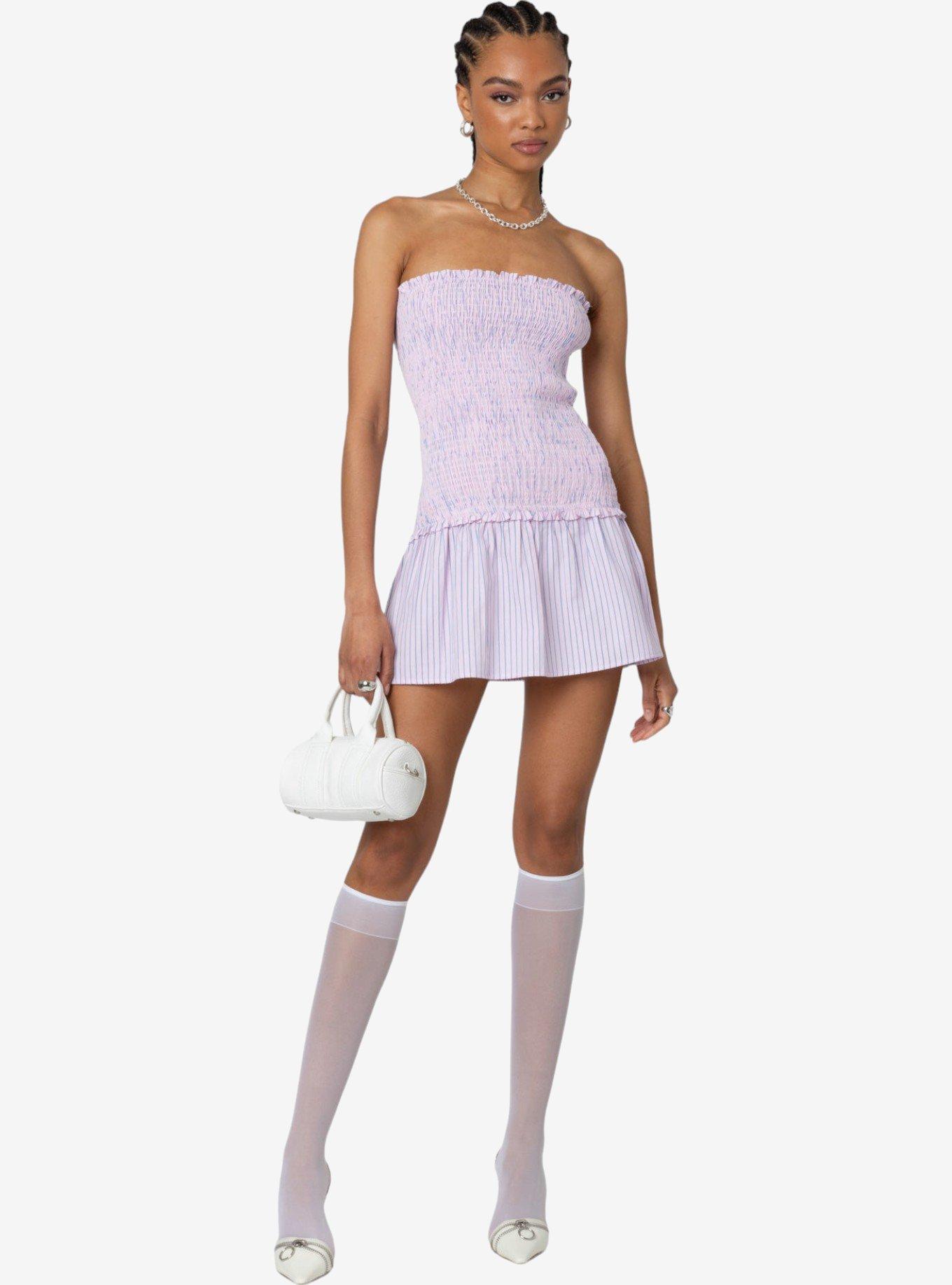 Edikted Striped Scrunch Strapless Mini Dress, PINK, hi-res