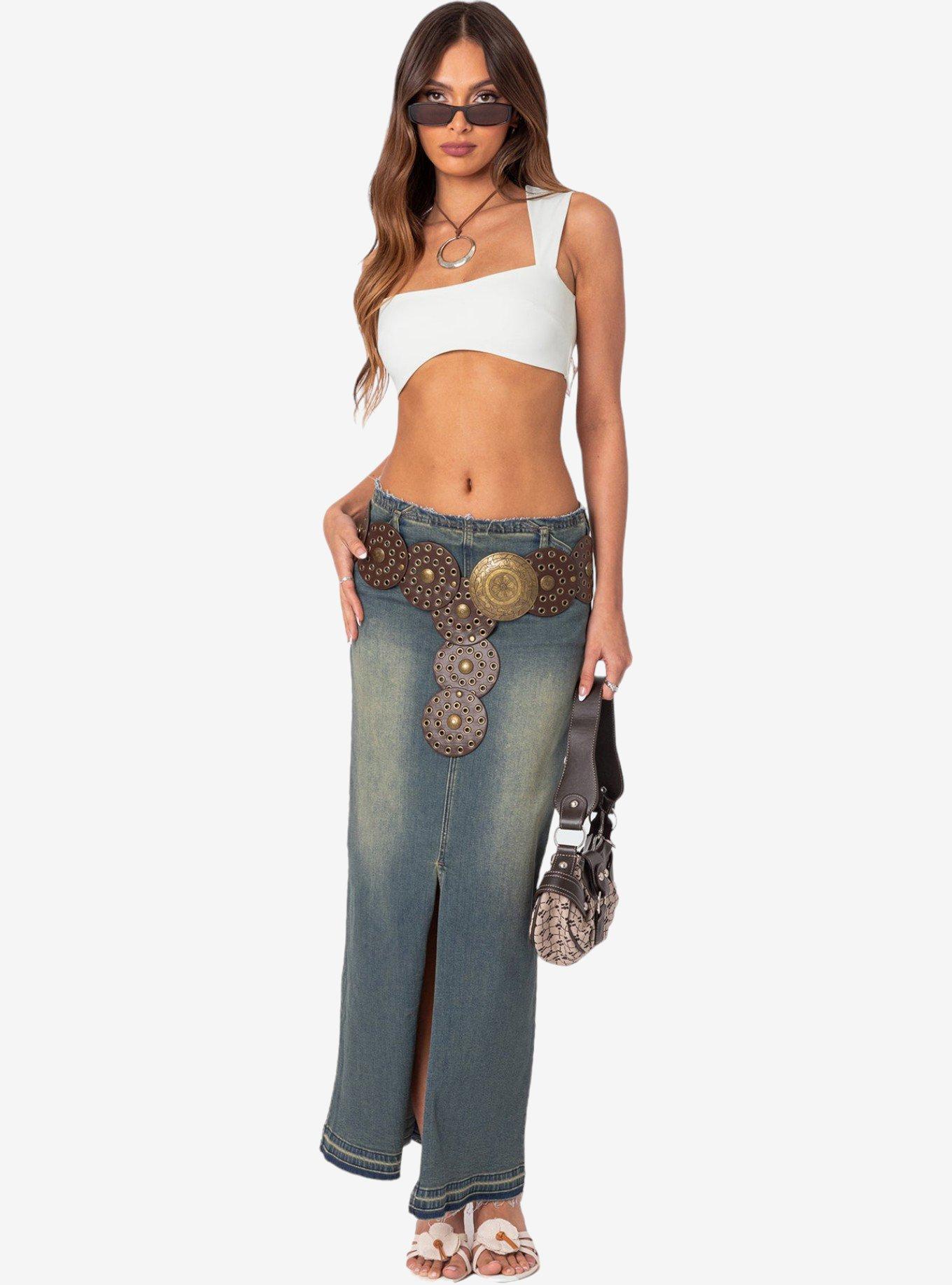 Edikted Lexy Washed Denim Maxi Skirt, BLUE, hi-res