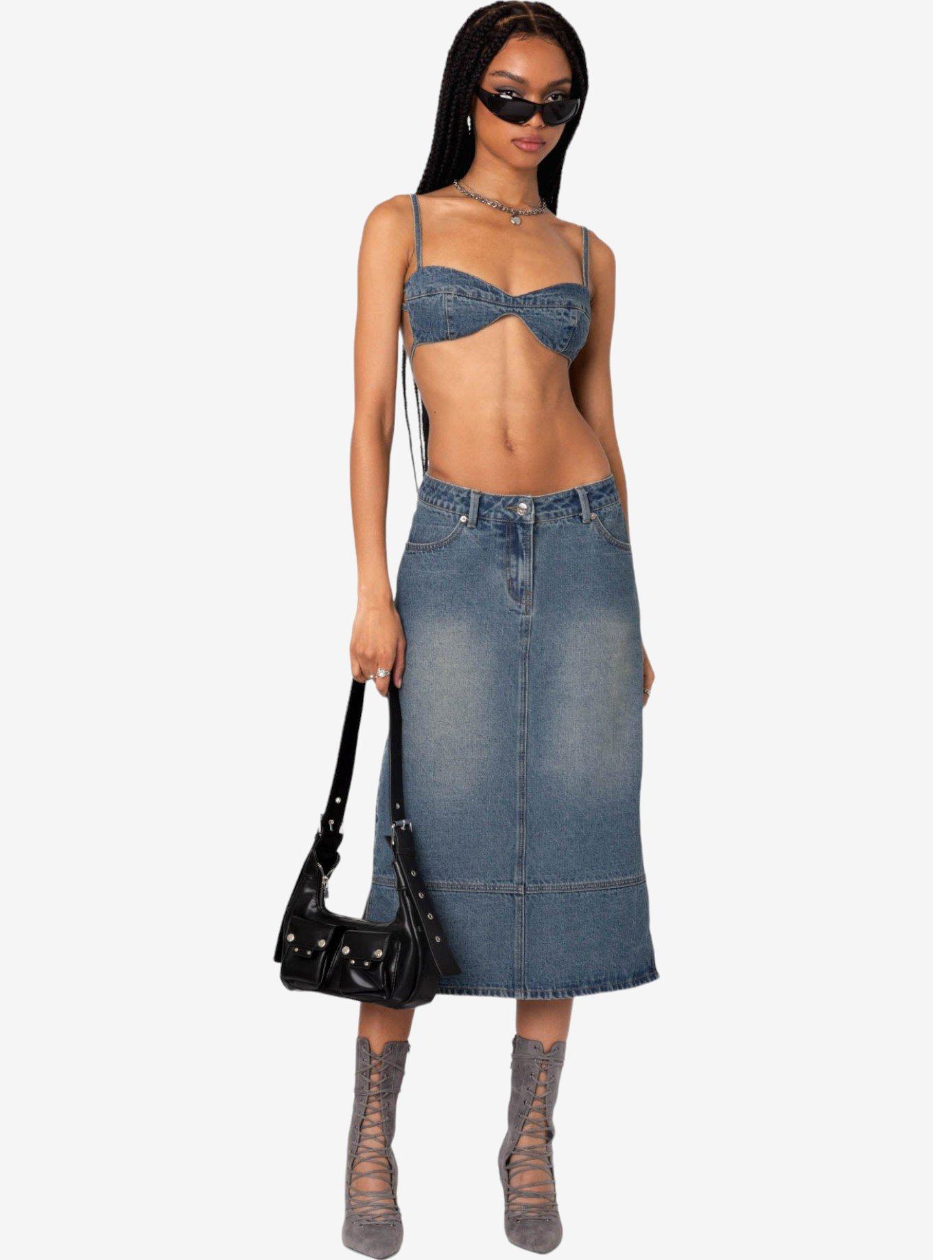 Edikted Lassy Washed Denim Midi Skirt, BLUE, hi-res