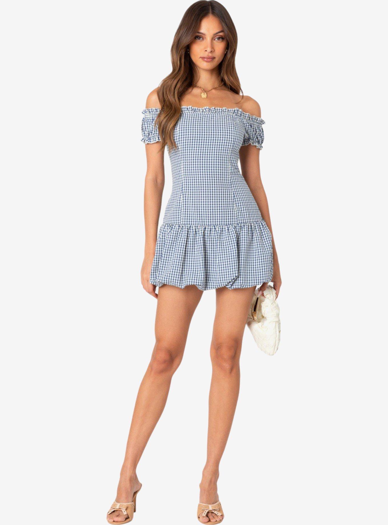 Edikted Gingham Off Shoulder Bubble Mini Dress, MULTI, hi-res