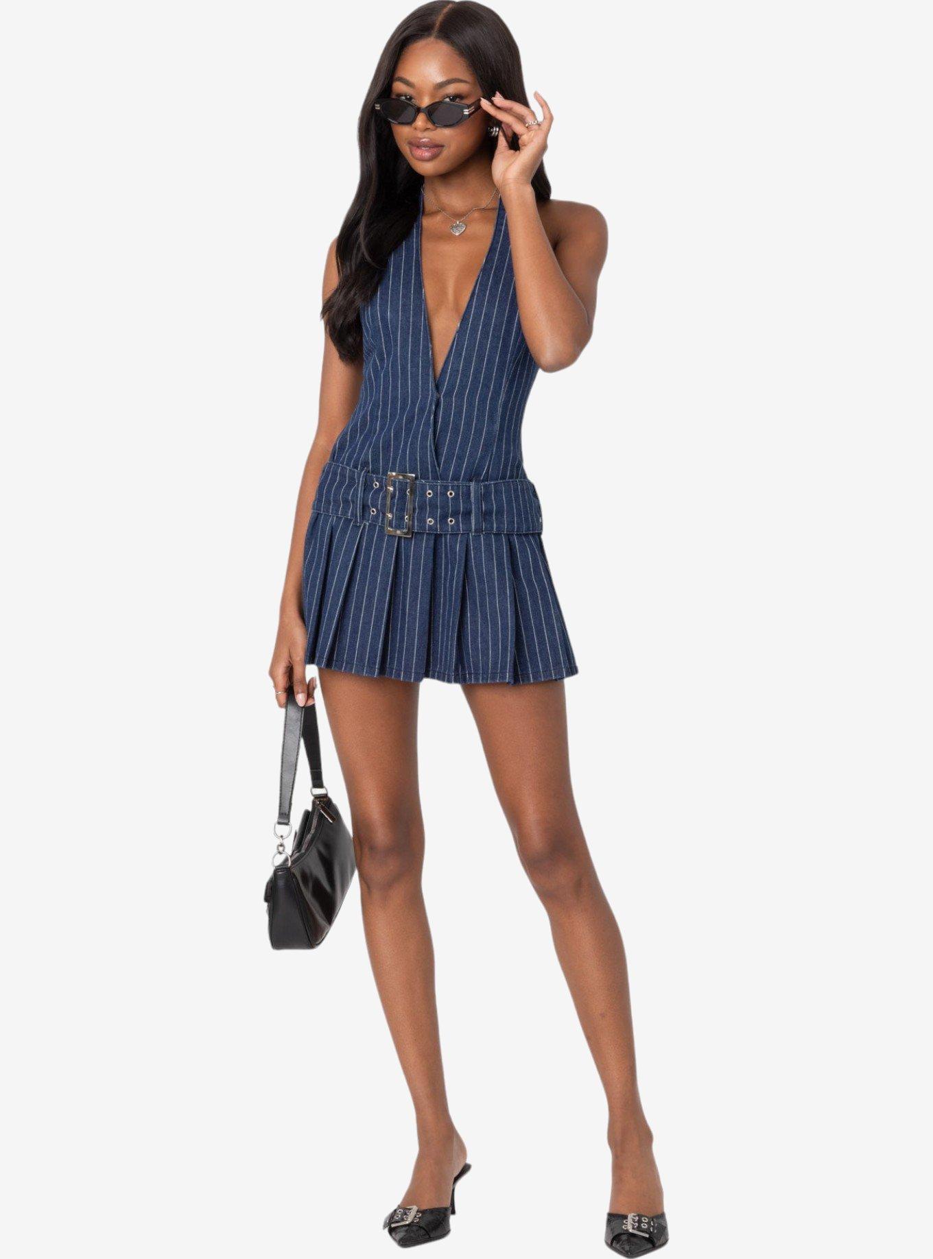 Edikted Belted Pinstripe Denim Mini Dress, BLUE, hi-res
