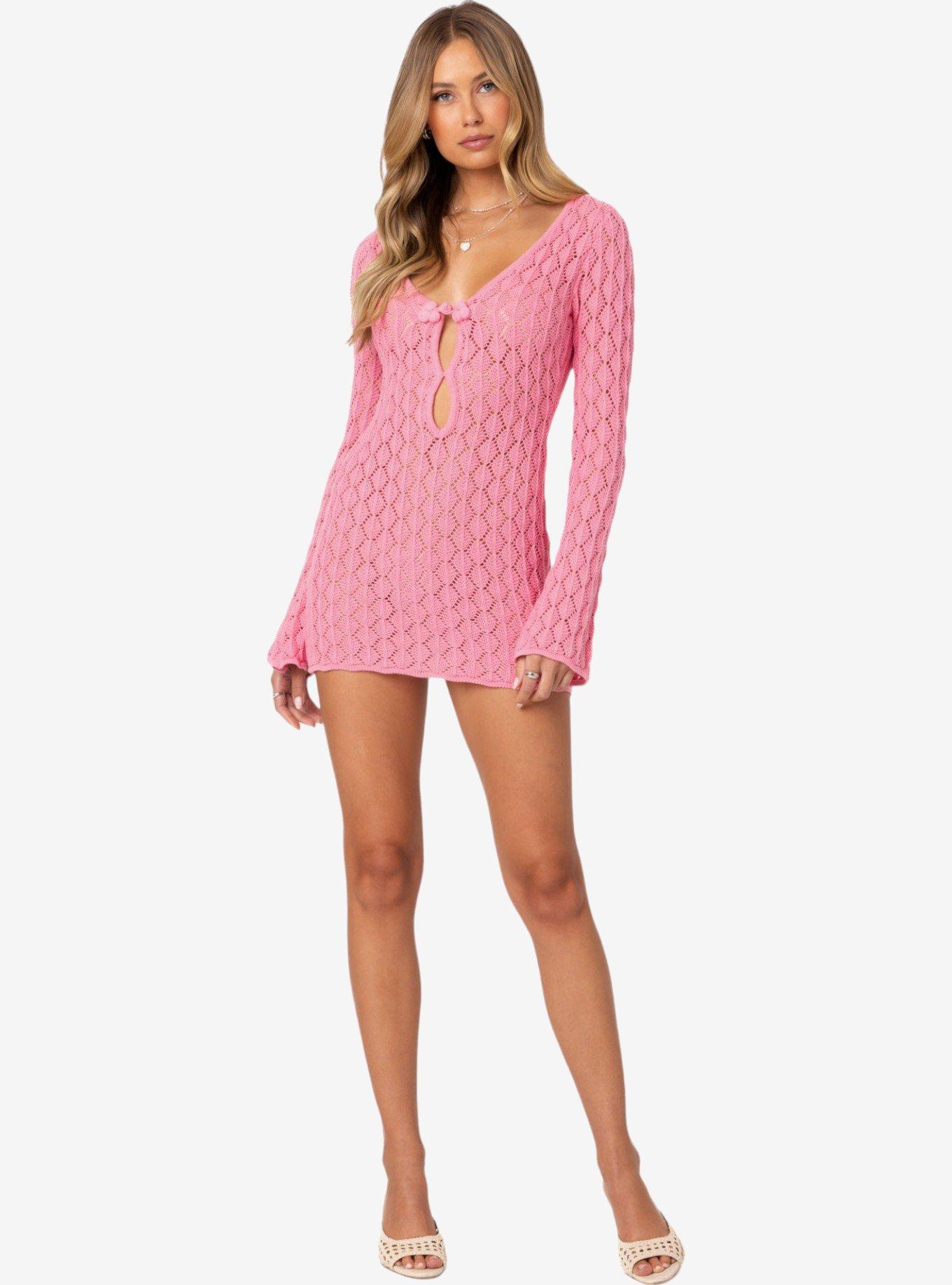 Edikted Brie Cut Out Crochet Mini Dress, PINK, hi-res