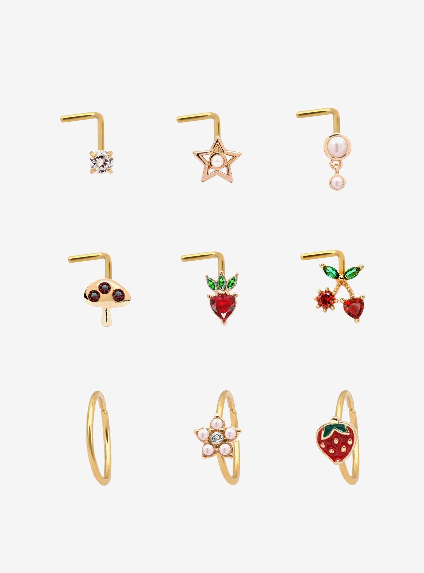 Steel Gold Strawberry & Pearl Nose Stud & Hoop 9 Pack, , hi-res