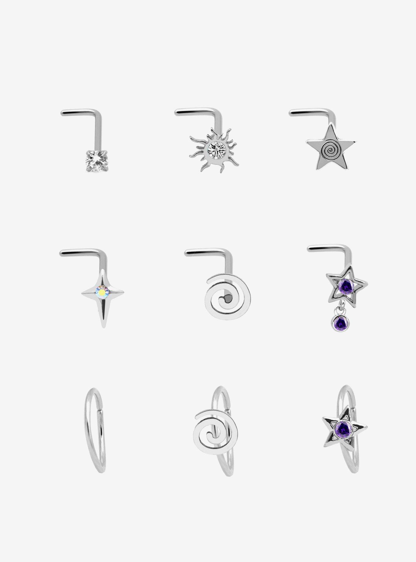 Steel Silver Swirl Star Nose Stud & Hoop 9 Pack, MULTI, hi-res